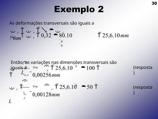 30
Exemplo 2
As deformações transversais são iguais a
 y   x    z
 y   x  0,32 80.10  25,6.10mm
/ mm 6
6
Então, as variações nas dimensões transversais são
iguais a
L
x
x
x
o,x
6
   25,6.10 100 
0,00256mm



o,
y
6
  y  25,6.10 50 
0,00128mm

y
 y 
L
(resposta
)
(resposta
)
 