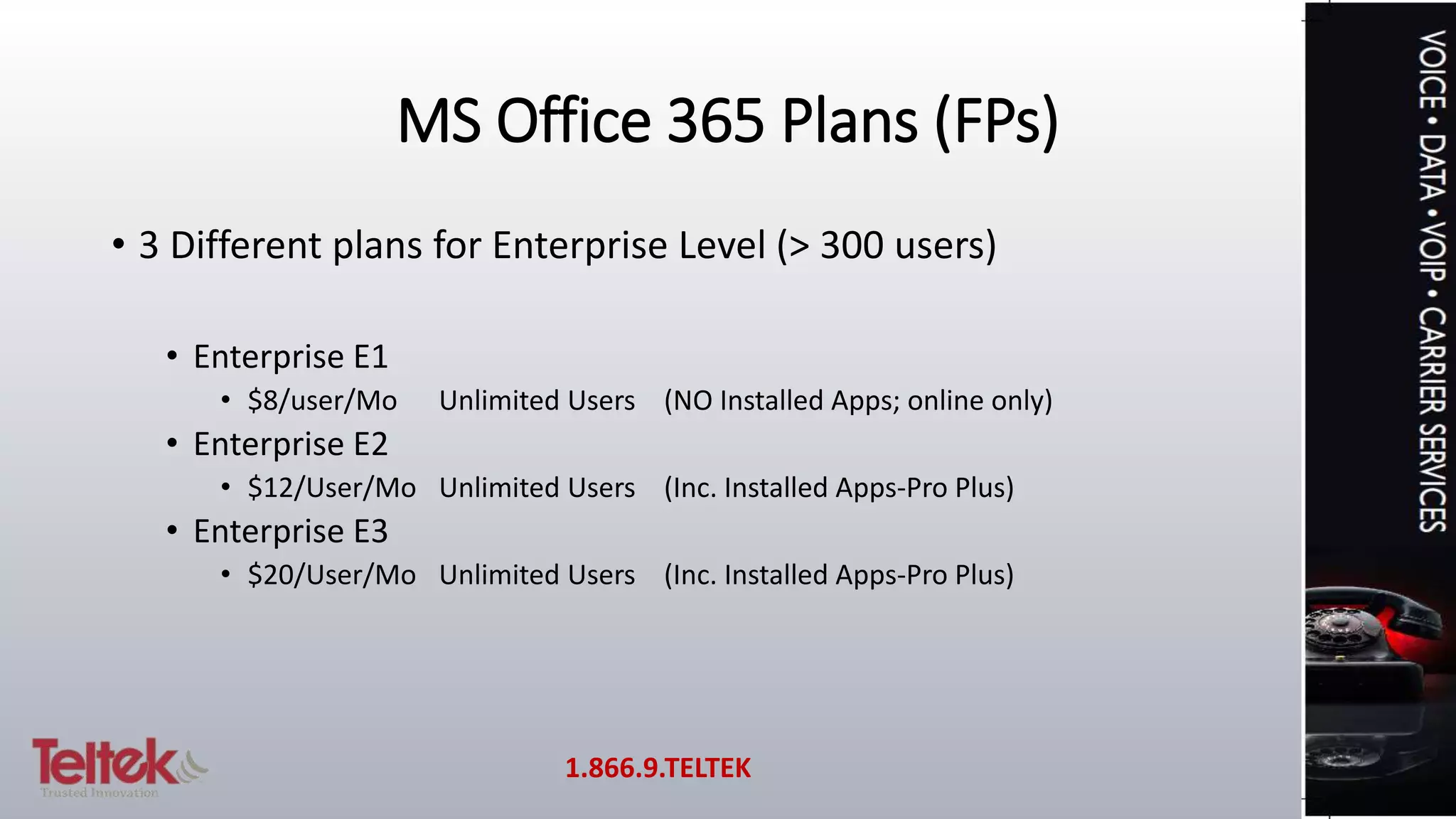 MS Office 365 Plans (FPs)
• 3 Different plans for Enterprise Level (> 300 users)
• Enterprise E1
• $8/user/Mo Unlimited Users (NO Installed Apps; online only)
• Enterprise E2
• $12/User/Mo Unlimited Users (Inc. Installed Apps-Pro Plus)
• Enterprise E3
• $20/User/Mo Unlimited Users (Inc. Installed Apps-Pro Plus)
1.866.9.TELTEK
 