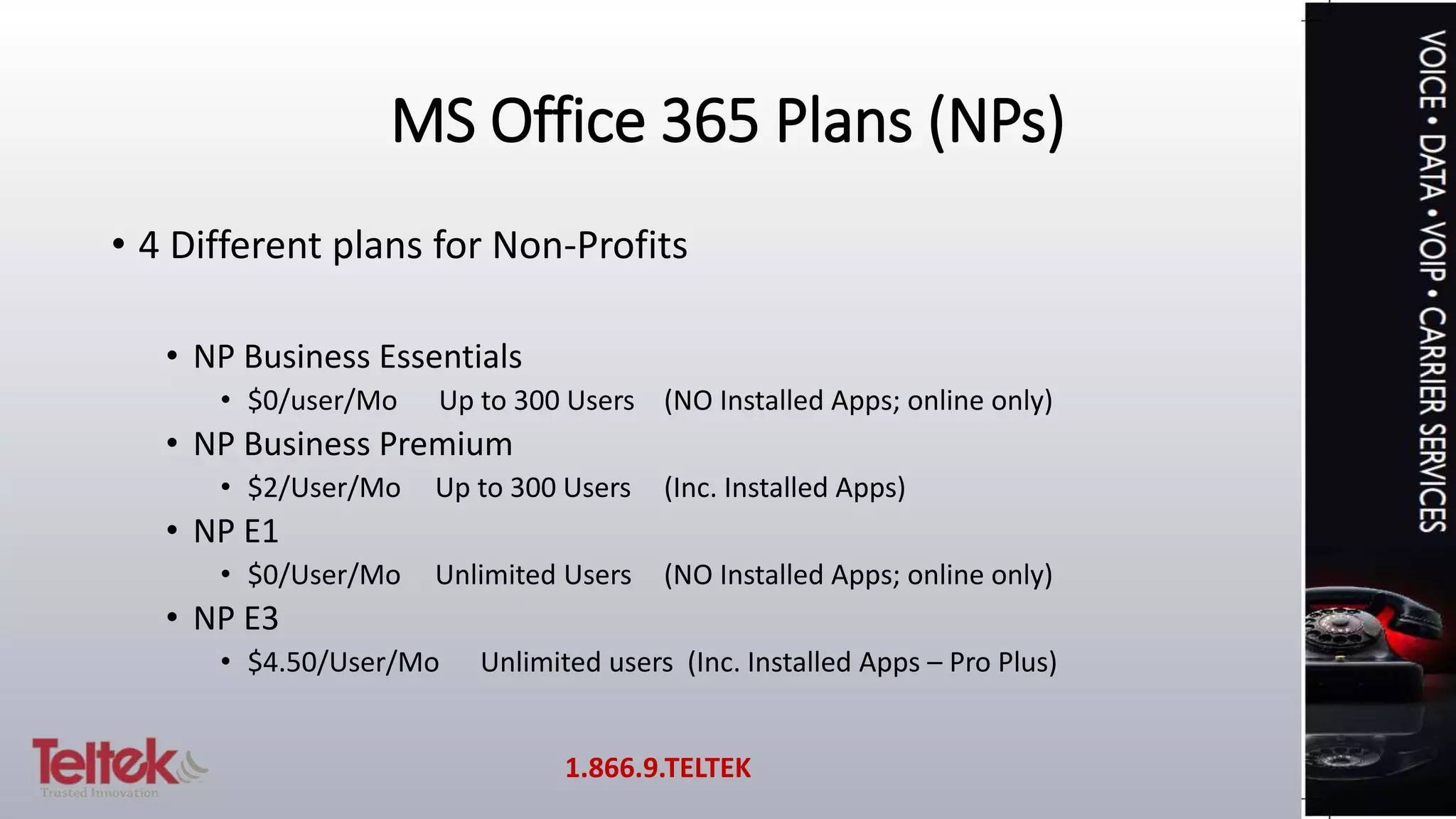 MS Office 365 Plans (NPs)
• 4 Different plans for Non-Profits
• NP Business Essentials
• $0/user/Mo Up to 300 Users (NO Installed Apps; online only)
• NP Business Premium
• $2/User/Mo Up to 300 Users (Inc. Installed Apps)
• NP E1
• $0/User/Mo Unlimited Users (NO Installed Apps; online only)
• NP E3
• $4.50/User/Mo Unlimited users (Inc. Installed Apps – Pro Plus)
1.866.9.TELTEK
 