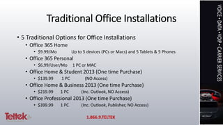 Traditional Office Installations
• 5 Traditional Options for Office Installations
• Office 365 Home
• $9.99/Mo Up to 5 devices (PCs or Macs) and 5 Tablets & 5 Phones
• Office 365 Personal
• $6.99/User/Mo 1 PC or MAC
• Office Home & Student 2013 (One time Purchase)
• $139.99 1 PC (NO Access)
• Office Home & Business 2013 (One time Purchase)
• $219.99 1 PC (Inc. Outlook, NO Access)
• Office Professional 2013 (One time Purchase)
• $399.99 1 PC (Inc. Outlook, Publisher, NO Access)
1.866.9.TELTEK
 