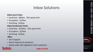 Inbox Solutions
Inbox (our) Costs:
• Email box: $8/box 25G space limit
• Encryption: $1/box
• Archiving: $3/box
Inbox (Customer) Costs:
• Email box: $10/box 25G space limit
• Encryption: $2/box
• Archiving: $5/box
Misc:
• 24/7 Support
• Quick response to questions
• Assists with mail migrations from customers
1.866.9.TELTEK
 