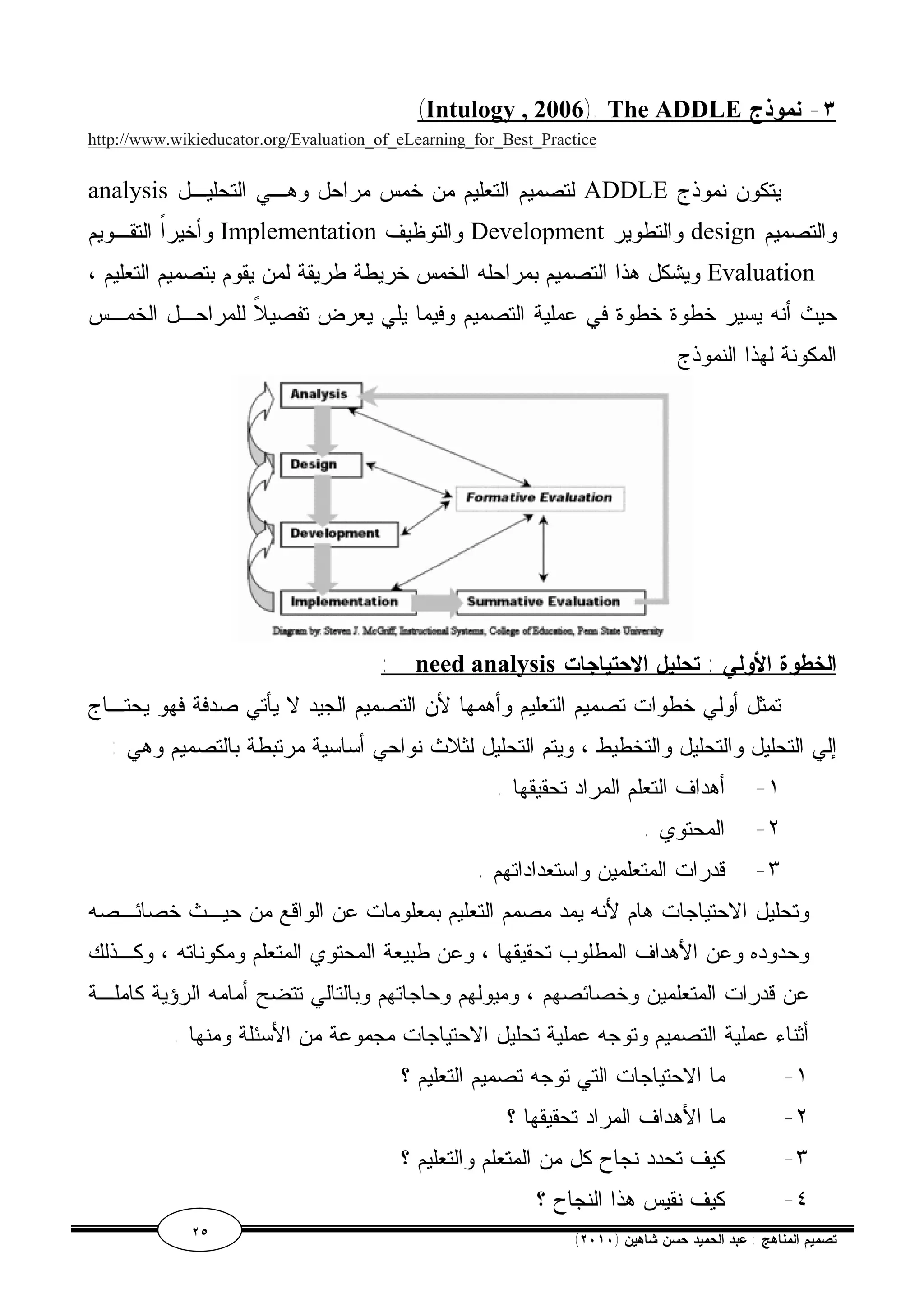 (Intulogy , 2006). The ADDLE ٣- نموذج 
http://www.wikieducator.org/Evaluation_of_eLearning_for_Best_Practice 
analysis لتصميم التعليم من خمس مراحل وهـي التحليـل ADDLE يتكون نموذج 
وأخيراً التقـويم Implementation والتوظيف Development والتطوير design والتصميم 
ويشكل هذا التصميم بمراحله الخمس خريطة طريقة لمن يقوم بتصميم التعليم ، Evaluation 
حيث أنه يسير خطوة خطوة في عملية التصميم وفيما يلي يعرض تفصيلاً للمراحـل الخمـس 
المكونة لهذا النموذج . 
: need analysis الخطوة الأولي : تحليل الاحتياجات 
تمثل أولي خطوات تصميم التعليم وأهمها لأن التصميم الجيد لا يأتي صدفة فهو يحتـاج 
إلي التحليل والتحليل والتخطيط ، ويتم التحليل لثلاث نواحي أساسية مرتبطة بالتصميم وهي : 
١- أهداف التعلم المراد تحقيقها . 
٢- المحتوي . 
٣- قدرات المتعلمين واستعداداتهم . 
وتحليل الاحتياجات هام لأنه يمد مصمم التعليم بمعلومات عن الواقع من حيـث خصائـصه 
وحدوده وعن الأهداف المطلوب تحقيقها ، وعن طبيعة المحتوي المتعلم ومكوناته ، وكـذلك 
عن قدرات المتعلمين وخصائصهم ، وميولهم وحاجاتهم وبالتالي تتضح أمامه الرؤية كاملـة 
أثناء عملية التصميم وتوجه عملية تحليل الاحتياجات مجموعة من الأسئلة ومنها . 
١- ما الاحتياجات التي توجه تصميم التعليم ؟ 
٢- ما الأهداف المراد تحقيقها ؟ 
٣- كيف تحدد نجاح كل من المتعلم والتعليم ؟ 
٤- كيف نقيس هذا النجاح ؟ 
٢٥ ( تصميم المناهج : عبد الحميد حسن شاهين ( ٢٠١٠ 
 
