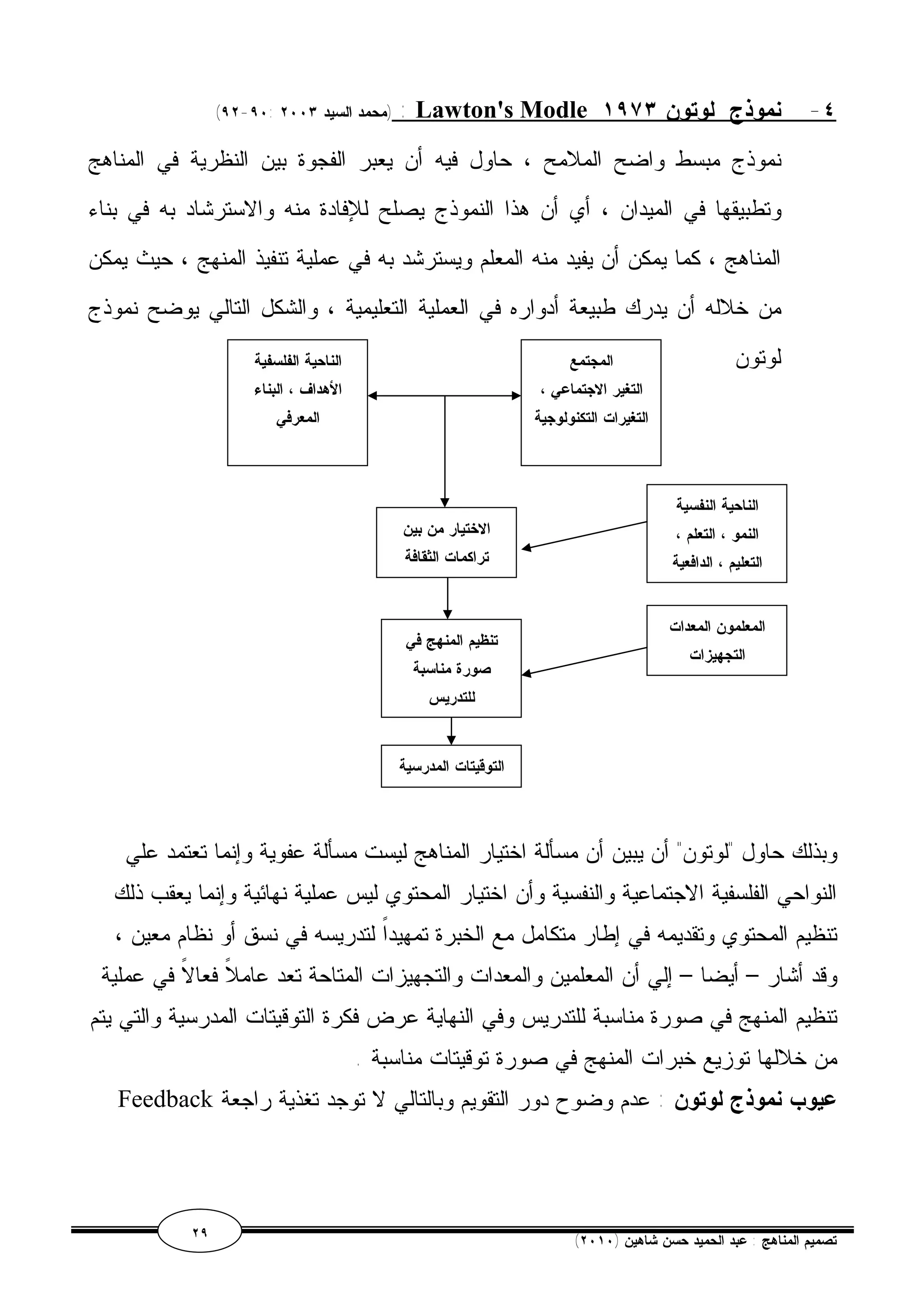(٩٢-٩٠: محمد السيد ٢٠٠٣ ) : Lawton's Modle ٤- نموذج لوتون ١٩٧٣ 
نموذج مبسط واضح الملامح ، حاول فيه أن يعبر الفجوة بين النظرية في المناهج 
وتطبيقها في الميدان ، أي أن هذا النموذج يصلح للإفادة منه والاسترشاد به في بناء 
المناهج ، كما يمكن أن يفيد منه المعلم ويسترشد به في عملية تنفيذ المنهج ، حيث يمكن 
من خلاله أن يدرك طبيعة أدواره في العملية التعليمية ، والشكل التالي يوضح نموذج 
لوتون 
المجتمع 
التغير الاجتماعي ، 
التغيرات التكنولوجية 
الناحية الفلسفية 
الأهداف ، البناء 
المعرفي 
الاختيار من بين 
تراكمات الثقافة 
تنظيم المنهج في 
صورة مناسبة 
للتدريس 
الناحية النفسية 
النمو ، التعلم ، 
التعليم ، الدافعية 
المعلمون المعدات 
التجهيزات 
التوقيتات المدرسية 
وبذلك حاول "لوتون" أن يبين أن مسألة اختيار المناهج ليست مسألة عفوية وإنما تعتمد علي 
النواحي الفلسفية الاجتماعية والنفسية وأن اختيار المحتوي ليس عملية نهائية وإنما يعقب ذلك 
تنظيم المحتوي وتقديمه في إطار متكامل مع الخبرة تمهيداً لتدريسه في نسق أو نظام معين ، 
وقد أشار – أيضا – إلي أن المعلمين والمعدات والتجهيزات المتاحة تعد عاملاً فعالاً في عملية 
تنظيم المنهج في صورة مناسبة للتدريس وفي النهاية عرض فكرة التوقيتات المدرسية والتي يتم 
من خلالها توزيع خبرات المنهج في صورة توقيتات مناسبة . 
Feedback عيوب نموذج لوتون : عدم وضوح دور التقويم وبالتالي لا توجد تغذية راجعة 
٢٩ ( تصميم المناهج : عبد الحميد حسن شاهين ( ٢٠١٠ 
 
