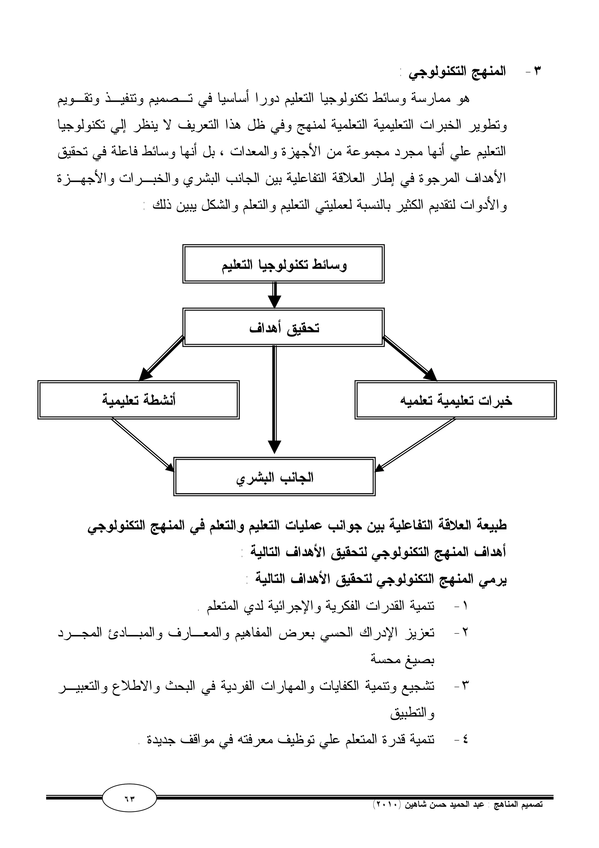 ٣- المنهج التكنولوجي : 
هو ممارسة وسائط تكنولوجيا التعليم دورا أساسيا في تـصميم وتنفيـذ وتقـويم 
وتطوير الخبرات التعليمية التعلمية لمنهج وفي ظل هذا التعريف لا ينظر إلي تكنولوجيا 
التعليم علي أنها مجرد مجموعة من الأجهزة والمعدات ، بل أنها وسائط فاعلة في تحقيق 
الأهداف المرجوة في إطار العلاقة التفاعلية بين الجانب البشري والخبـرات والأجهـزة 
والأدوات لتقديم الكثير بالنسبة لعمليتي التعليم والتعلم والشكل يبين ذلك : 
وسائط تكنولوجيا التعليم 
تحقيق أهداف 
خبرات تعليمية تعلميه أنشطة تعليمية 
الجانب البشري 
طبيعة العلاقة التفاعلية بين جوانب عمليات التعليم والتعلم في المنهج التكنولوجي 
أهداف المنهج التكنولوجي لتحقيق الأهداف التالية : 
يرمي المنهج التكنولوجي لتحقيق الأهداف التالية : 
١- تنمية القدرات الفكرية والإجرائية لدي المتعلم . 
٢- تعزيز الإدراك الحسي بعرض المفاهيم والمعـارف والمبـادئ المجـرد 
بصيغ محسة 
٣- تشجيع وتنمية الكفايات والمهارات الفردية في البحث والاطلاع والتعبيـر 
والتطبيق 
٤- تنمية قدرة المتعلم علي توظيف معرفته في مواقف جديدة . 
٦٣ ( تصميم المناهج : عبد الحميد حسن شاهين ( ٢٠١٠ 
 