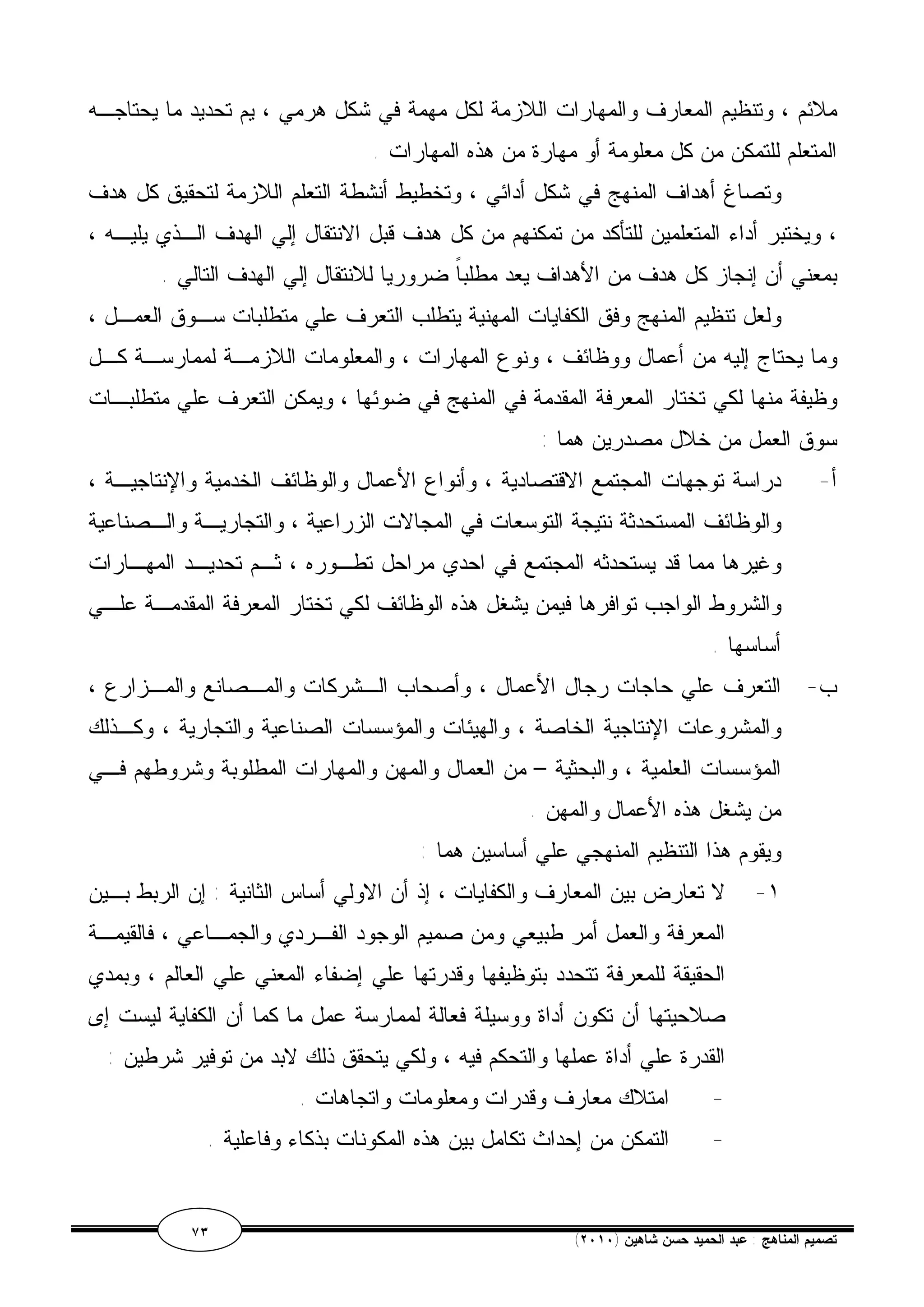 ملائم ، وتنظيم المعارف والمهارات اللازمة لكل مهمة في شكل هرمي ، يم تحديد ما يحتاجـه 
المتعلم للتمكن من كل معلومة أو مهارة من هذه المهارات . 
وتصاغ أهداف المنهج في شكل أدائي ، وتخطيط أنشطة التعلم اللازمة لتحقيق كل هدف 
، ويختبر أداء المتعلمين للتأكد من تمكنهم من كل هدف قبل الانتقال إلي الهدف الـذي يليـه ، 
بمعني أن إنجاز كل هدف من الأهداف يعد مطلباً ضروريا للانتقال إلي الهدف التالي . 
ولعل تنظيم المنهج وفق الكفايات المهنية يتطلب التعرف علي متطلبات سـوق العمـل ، 
وما يحتاج إليه من أعمال ووظائف ، ونوع المهارات ، والمعلومات اللازمـة لممارسـة كـل 
وظيفة منها لكي تختار المعرفة المقدمة في المنهج في ضوئها ، ويمكن التعرف علي متطلبـات 
سوق العمل من خلال مصدرين هما : 
أ- دراسة توجهات المجتمع الاقتصادية ، وأنواع الأعمال والوظائف الخدمية والإنتاجيـة ، 
والوظائف المستحدثة نتيجة التوسعات في المجالات الزراعية ، والتجاريـة والـصناعية 
وغيرها مما قد يستحدثه المجتمع في احدي مراحل تطـوره ، ثـم تحديـد المهـارات 
والشروط الواجب توافرها فيمن يشغل هذه الوظائف لكي تختار المعرفة المقدمـة علـي 
أساسها . 
ب- التعرف علي حاجات رجال الأعمال ، وأصحاب الـشركات والمـصانع والمـزارع ، 
والمشروعات الإنتاجية الخاصة ، والهيئات والمؤسسات الصناعية والتجارية ، وكـذلك 
المؤسسات العلمية ، والبحثية – من العمال والمهن والمهارات المطلوبة وشروطهم فـي 
من يشغل هذه الأعمال والمهن . 
ويقوم هذا التنظيم المنهجي علي أساسين هما : 
١- لا تعارض بين المعارف والكفايات ، إذ أن الاولي أساس الثانية : إن الربط بـين 
المعرفة والعمل أمر طبيعي ومن صميم الوجود الفـردي والجمـاعي ، فالقيمـة 
الحقيقة للمعرفة تتحدد بتوظيفها وقدرتها علي إضفاء المعني علي العالم ، وبمدي 
صلاحيتها أن تكون أداة ووسيلة فعالة لممارسة عمل ما كما أن الكفاية ليست إى 
القدرة علي أداة عملها والتحكم فيه ، ولكي يتحقق ذلك لابد من توفير شرطين : 
- امتلاك معارف وقدرات ومعلومات واتجاهات . 
- التمكن من إحداث تكامل بين هذه المكونات بذكاء وفاعلية . 
٧٣ ( تصميم المناهج : عبد الحميد حسن شاهين ( ٢٠١٠ 
 