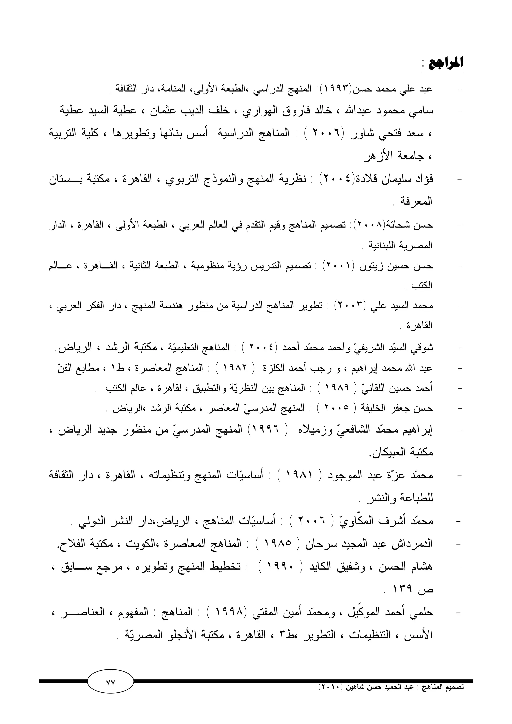 المراجع : 
- عبد علي محمد حسن( ١٩٩٣ ): المنهج الدراسي ،الطبعة الأولى، المنامة، دار الثقافة . 
- سامي محمود عبدالله ، خالد فاروق الهواري ، خلف الديب عثمان ، عطية السيد عطية 
، سعد فتحي شاور ( ٢٠٠٦ ) : المناهج الدراسية أسس بنائها وتطويرها ، كلية التربية 
، جامعة الأزهر . 
- فؤاد سليمان قلادة( ٢٠٠٤ ) : نظرية المنهج والنموذج التربوي ، القاهرة ، مكتبة بـستان 
المعرفة . 
- حسن شحاتة( ٢٠٠٨ ): تصميم المناهج وقيم التقدم في العالم العربي ، الطبعة الأولى ، القاهرة ، الدار 
المصرية اللبنانية . 
- حسن حسين زيتون ( ٢٠٠١ ) : تصميم التدريس رؤية منظومبة ، الطبعة الثانية ، القـاهرة ، عـالم 
الكتب . 
- محمد السيد علي ( ٢٠٠٣ ) : تطوير المناهج الدراسية من منظور هندسة المنهج ، دار الفكر العربي ، 
القاهرة . 
- شوقي السيد الشريفي وأحمد محمد أحمد ( ٢٠٠٤ ) : المناهج التعليمية ، مكتبة الرشد ، الرياض. 
- عبد الله محمد إبراهيم ، و رجب أحمد الكلزة ( ١٩٨٢ ) : المناهج المعاصرة ، ط ١ ، مطابع الفن 
- أحمد حسين اللقاني ( ١٩٨٩ ) : المناهج بين النظرية والتطبيق ، لقاهرة ، عالم الكتب . 
- حسن جعفر الخليفة ( ٢٠٠٥ ) : المنهج المدرسي المعاصر ، مكتبة الرشد ،الرياض . 
- إبراهيم محمد الشافعي وزميلاه ( ١٩٩٦ ) المنهج المدرسي من منظور جديد الرياض ، 
مكتبة العبيكان. 
- محمد عزة عبد الموجود ( ١٩٨١ ) : أساسيات المنهج وتنظيماته ، القاهرة ، دار الثقافة 
للطباعة والنشر . 
- محمد أشرف المكّاوي ( ٢٠٠٦ ) : أساسيات المناهج ، الرياض،دار النشر الدولي . 
- الدمرداش عبد المجيد سرحان ( ١٩٨٥ ) : المناهج المعاصرة ،الكويت ، مكتبة الفلاح. 
- هشام الحسن ، وشفيق الكايد ( ١٩٩٠ ) : تخطيط المنهج وتطويره ، مرجع سـابق ، 
. ص ١٣٩ 
- حلمي أحمد الموكّيل ، ومحمد أمين المفتي ( ١٩٩٨ ) : المناهج : المفهوم ، العناصـر ، 
الأسس ، التنظيمات ، التطوير ،ط ٣ ، القاهرة ، مكتبة الأنجلو المصرية . 
٧٧ ( تصميم المناهج : عبد الحميد حسن شاهين ( ٢٠١٠ 
 