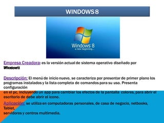 WINDOWS8
Empresa Creadora:es la versión actual de sistema operativo diseñado por
MicrosoftWindows
Descripción: El menú de inicio nuevo, se caracteriza por presentar de primer plano los
programas instalados y la lista completa de comandos para su uso. Presenta
configuración
en el pc, incluyendo un app para cambiar los efectos de la pantalla colores, para abrir el
escritorio de debe abrir el icono.
Aplicación: se utilizaen computadoras personales, de casa de negocio, netbooks,
Tablet,
servidores y centros multimedia.
 