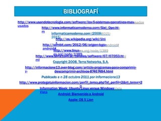 http://www.usandotecnologia.com/software/los-5-sistemas-operativos-mas-
usados
http://www.informaticamoderna.com/Sist_Ope.ht
m
informaticamoderna.com (2008-
2015)
http://es.wikipedia.org/wiki/Uni
x
http://xombit.com/2012/06/origen-logo-
android#
http://www.linux-
es.org/node/1389
http://www.terra.com.ar/canales/software/67/67053.ht
ml
Copyright 2008, Terra Networks, S.A.
http://informacione13.over-blog.com/article-programas-para-comprimir-
y- descomprimir-archivos-87467484.html
Publicado e n 28 octubre 2011 por informacione13
http://www.protegetuinformacion.com/perfil_tema.php?id_perfil=2&id_tema=2
0
Information Week: Ubuntu Linux versus Windows
Vista
Android: Bienvenidoa Android
Apple: OS X Lion
BIBLIOGRAFÍ
A
 