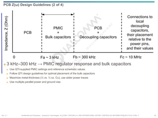 Confidential and Proprietary – Qualcomm Technologies, Inc. | MAY CONTAIN U.S. AND INTERNATIONAL EXPORT CONTROLLED INFORMATION | 80-VT310-13 Rev. F 24
PCB
PMIC
+
Bulk capacitors
PCB
+
Decoupling capacitors
Connections to
local
decoupling
capacitors,
their placement
relative to the
power pins,
and their values
0 Fa ~ 3 kHz
Impedance,
Z
(Ohm)
Fb ~ 300 kHz Fc ~ 10 MHz
 3 kHz–300 kHz → PMIC regulator response and bulk capacitors
 Use QTI-supplied PMIC settings and reference schematic values
 Follow QTI design guidelines for optimal placement of the bulk capacitors
 Maximize metal thickness (½ vs. ⅓ oz. Cu); use wider power traces
 Use multiple parallel power and ground vias
PCB Z(ω) Design Guidelines (2 of 4)
Sec. 2.1
 