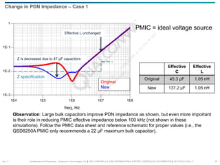 Confidential and Proprietary – Qualcomm Technologies, Inc. | MAY CONTAIN U.S. AND INTERNATIONAL EXPORT CONTROLLED INFORMATION | 80-VT310-13 Rev. F 37
Change in PDN Impedance – Case 1
Effective
C
Effective
L
Original 45.3 µF 1.05 nH
New 137.2 µF 1.05 nH
Observation: Large bulk capacitors improve PDN impedance as shown, but even more important
is their role in reducing PMIC effective impedance below 100 kHz (not shown in these
simulations). Follow the PMIC data sheet and reference schematic for proper values (i.e., the
QSD8250A PMIC only recommends a 22 µF maximum bulk capacitor).
PMIC = ideal voltage source
1E5 1E6 1E7
1E4 1E8
1E-2
1E-1
1E-3
1
freq, Hz
Original
New
Z specification
Z is decreased due to 47 µF capacitors
Effective L unchanged
Sec. 3
 