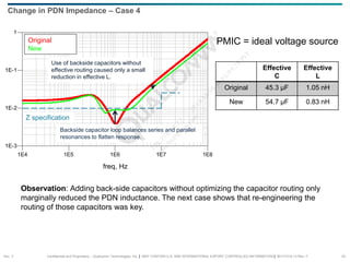 Confidential and Proprietary – Qualcomm Technologies, Inc. | MAY CONTAIN U.S. AND INTERNATIONAL EXPORT CONTROLLED INFORMATION | 80-VT310-13 Rev. F 43
Change in PDN Impedance – Case 4
Effective
C
Effective
L
Original 45.3 µF 1.05 nH
New 54.7 µF 0.83 nH
Observation: Adding back-side capacitors without optimizing the capacitor routing only
marginally reduced the PDN inductance. The next case shows that re-engineering the
routing of those capacitors was key.
PMIC = ideal voltage source
1E5 1E6 1E7
1E4 1E8
1E-2
1E-1
1E-3
1
freq, Hz
Original
New
Z specification
Use of backside capacitors without
effective routing caused only a small
reduction in effective L.
Backside capacitor loop balances series and parallel
resonances to flatten response.
Sec. 3
 