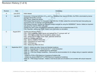 Confidential and Proprietary – Qualcomm Technologies, Inc. | MAY CONTAIN U.S. AND INTERNATIONAL EXPORT CONTROLLED INFORMATION | 80-VT310-13 Rev. F 3
Revision Date Description
A June 2010 Initial release
B July 2010 Introduction: Enhanced definition of Vmin and Vmax. Explained that, beyond 25 MHz, the PDN is dominated by device
package internal RLC circuits.
PDN Theory: Added this section.
PCB Design Requirements: For frequency range 300 kHz–10 MHz, added the comment that each decoupling cap
must have its own via directly to the ground plane.
PDN Design Example: Clarified the reference design example as using the QSD8650A™ device. Added an important
note about the need for PMIC bulk caps.
Clarified the case 5 plots and added an explanation related to the increase/decrease of C/L.
FAQ: Rewritten, adding new FAQs. Added more information on simulation.
C August 2010 Clarified the following FAQs:
FAQ – PDN Guidelines; added figures and replaced the “fr” acronym with “ac”
FAQ – PDN Measurement Recommendations; added a figure
FAQ – Stress Test for Other Power Rails; reworded sentences
Added the following new FAQs:
FAQ – Mentor Graphics PADS Files
FAQ – Precautions for Layout Files
FAQ – PCB Stack-up
FAQ – Measuring PMIC DC Error
D September 2010 •Slide 6 – Added new slide, Scope and Intended Audience
•Slide 8 – Corrected typo in V(t) formula for F-1 in the Introduction
•Slide 14 – PDN Theory – updated figure for clarification
•Slide 18 – PCB Z(w) Design Guidelines – Removed the recommendation for 2x voltage rating on capacitor selection
•Slide 22:
•Added for PCB to PDN Maximum Impedance Guideline title
•Added new device MSM7x27T to PDN Maximum Impedance Guidelines
•Slide 25 – PDN Design Example – Added a note that all plots are simulations and correlate with actual measured
data
Revision History (1 of 4)
 