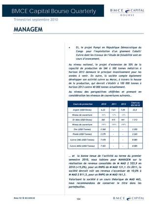 BMCE Capital Bourse Quarterly
Trimestriel septembre 2010

MANAGEM

                             •        Et, le projet Pumpi en République Démocratique du
                                      Congo pour l’exploitation d’un gisement Cobalt/
                                      Cuivre dont les travaux de l’étude de faisabilité sont en
                                      cours d’avancement.

                             Au niveau national, le projet d’extension de 50% de la
                             capacité de production de SMI à 300 tonnes métal/an à
                             horizon 2013 demeure le principal investissement pour les
                             années à venir. En outre, la sociéte compte également
                             développer son activité cuivre au Maroc, à travers la hausse
                             de la production, qui devrait s’établir à 100 000 tonnes à
                             horizon 2013 contre 40 000 tonnes actuellement.
                             Au niveau des perspectives chiffrées et prenant en
                             considération les niveaux de couvertures suivants…

                                                                                     Cours au
                                   Cours de protection      2010     2011    2012
                                                                                     05/10/10

                                   Argent (USD/Onces)      6,22     7,61     7,05      22,0

                                  Niveau de couverture      84%      52%     14%

                                   Or Akka (USD/Onces)      360      415     441       1 313

                                  Niveau de couverture      100%     100%    100%

                                    Zinc (USD/Tonnes)      2 360      -       -        2 205

                                   Plomb (USD/Tonnes)      2 279      -       -        2 265

                                 Cuivre CMG (USD/Tonnes)   7 478      -       -        8 085


                             Cuivre AKKA (USD/Tonnes)      7 303      -       -        8 085



                             … et la bonne tenue de l’activité au terme du premier
                             semestre 2010, nous tablons pour MANAGEM sur la
                             réalisation de revenus consolidés de M MAD 2 555,9 en
                             2010 (+15,0%), pour un RNPG de M MAD 131,1. En 2011, la
                             société devrait voir ses revenus s’accentuer de 10,0% à
                             M MAD 2 811,5, pour un RNPG de M MAD 161,3.
                             Valorisant la société à un cours théorique de MAD 465,
                             nous recommandons de conserver le titre dans les
                             portefeuilles.



ANALYSE & RECHERCHE                    104
 