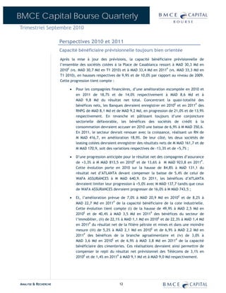 BMCE Capital Bourse Quarterly
Trimestriel Septembre 2010

                      Perspectives 2010 et 2011
                      Capacité bénéficiaire prévisionnelle toujours bien orientée
                      Après la mise à jour des prévisions, la capacité bénéficiaire prévisionnelle de
                      l’ensemble des sociétés cotées à la Place de Casablanca ressort à MAD 30,3 Md en
                      2010E (vs. MAD 30,7 Md en T1 2010) et à MAD 33,4 Md en 2011P (vs. MAD 33,3 Md en
                      T1 2010), en hausses respectives de 9,9% et de 10,0% par rapport au niveau de 2009.
                      Cette progression tient compte :

                           •   Pour les compagnies financières, d’une amélioration escomptée en 2010 et
                               en 2011 de 18,7% et de 14,0% respectivement à MAD 8,6 Md et à
                               MAD 9,8 Md du résultat net total. Concentrant la quasi-totalité des
                               bénéfices nets, les Banques devraient enregistrer en 2010E et en 2011P des
                               RNPG de MAD 8,1 Md et de MAD 9,2 Md, en progression de 21,0% et de 13,9%
                               respectivement. En revanche et pâtissant toujours d’une conjoncture
                               sectorielle défavorable, les bénéfices des sociétés de crédit à la
                               consommation devraient accuser en 2010 une baisse de 6,9% à M MAD 350,6.
                               En 2011, le secteur devrait renouer avec la croissance, réalisant un RN de
                               M MAD 416,7, en amélioration 18,9%. De leur côté, les deux sociétés de
                               leasing cotées devraient enregistrer des résultats nets de M MAD 161,7 et de
                               M MAD 170,9, soit des variations respectives de -13,3% et de +5,7% ;

                           •   D’une progression anticipée pour le résultat net des compagnies d’assurance
                               de +3,3% à M MAD 813,5 en 2010E et de 13,6% à M MAD 923,8 en 2011P.
                               Cette évolution porte en 2010 sur la hausse de 84,8% à MAD 131,1 du
                               résultat net d’ATLANTA devant compenser la baisse de 5,4% de celui de
                               WAFA ASSURANCES à M MAD 640,9. En 2011, les bénéfices d’ATLANTA
                               devraient limiter leur progression à +5,0% avec M MAD 137,7 tandis que ceux
                               de WAFA ASSURANCES devraient progresser de 16,0% à M MAD 743,5 ;

                           •   Et, l’amélioration prévue de 7,0% à MAD 20,9 Md en 2010E et de 8,2% à
                               MAD 22,7 Md en 2011P de la capacité bénéficiaire de la cote industrielle.
                               Cette évolution tient compte (i) de la hausse de 49,9% à MAD 2,5 Md en
                               2010E et de 40,4% à MAD 3,5 Md en 2011P des bénéfices du secteur de
                               l’immobilier, (ii) de 22,1% à MAD 1,1 Md en 2010E et de 22,3% à MAD 1,4 Md
                               en 2011P du résultat net de la filière pétrole et mines et dans une moindre
                               mesure (iii) de 5,2% à MAD 2,1 Md en 2010E et de 6,9% à MAD 2,2 Md en
                               2011P des bénéfices de la branche agroalimentaire et (iv) de 3,0% à
                               MAD 3,6 Md en 2010E et de 6,9% à MAD 3,8 Md en 2011P de la capacité
                               bénéficiaire des cimenteries. Ces réalisations devraient ainsi permettre de
                               compenser le repli du résultat net prévisionnel des Télécoms de 3,1% en
                               2010E et de 1,4% en 2011P à MAD 9,1 Md et à MAD 9,0 Md respectivement.




ANALYSE & RECHERCHE                                     12
 