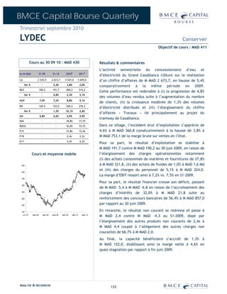 BMCE Capital Bourse Quarterly
Trimestriel septembre 2010

LYDEC                                                                                                                               Conserver
                                                                                                                      Objectif de cours : MAD 411



             Cours au 30 09 10 : MAD 430                                           Résultats & commentaires
                                                                                   L’activité semestrielle du concessionnaire d’eau et
en M MAD                S1-09        S1-10          2010E             2011P
                                                                                   d’électricité du Grand Casablanca clôture sur la réalisation
CA                  2 535,9          2 673,7       5 547,0        5 659,0          d’un chiffre d’affaires de M MAD 2 673,7, en hausse de 5,4%
      Var %               -           5,4%           3,8%             2,0%
                                                                                   comparativement à la même période en 2009.
REX                     190,2        191,7          490,2             515,2
                                                                                   Cette performance est redevable à (i) la progression de 4,8%
      Var %               -           0,8%           2,3%             5,1%
                                                                                   des volumes d’eau vendus suite à l’augmentation du nombre
MOP                     7,5%          7,2%           8,8%             9,1%
                                                                                   de clients, (ii) la croissance modérée de 1,3% des volumes
RN                      120,5        122,0          269,2             276,3
                                                                                   d’électricité distribués et (iii) l’élargissement du chiffre
      Var %               -           1,3%          22,1%             2,6%
                                                                                   d’affaires « Travaux » lié principalement au projet du
MN                      4,8%          4,6%           4,9%             4,9%
                                                                                   tramway de Casablanca.
RoE                       -             -           18,8%             17,7%
ROCE                      -             -           16,0%             15,7%        Dans ce sillage, l’excédent brut d’exploitation s’apprécie de
P/E                       -             -           12,8x             12,4x        4,6% à M MAD 360,8 consécutivement à la hausse de 3,8% à
P/B                       -             -            2,4x             2,2x         M MAD 753,1 de la marge brute sur ventes en l’état.
D/Y                       -             -            4,2%             4,2%
                                                                                   Pour sa part, le résultat d’exploitation se stabilise à
                                                                                   M MAD 191,7 contre M MAD 190,2 au 30 juin 2009, en raison de
              Cours et moyenne mobile                                              l’élargissement des charges opérationnelles notamment
                                                                                   (i) des achats consommés de matières et fournitures de 27,8%
 500                                                                               à M MAD 321,8, (ii) des achats de fluides de 1,0% à MAD 1,6 Md
                                                                                   et (iii) des charges du personnel de 5,1% à M MAD 324,0.
 450
                                                                                   La marge d’EBIT ressort ainsi à 7,2% vs. 7,5% en S1-2009.
 400
                                                                                   Pour sa part, le résultat financier creuse son déficit, passant
 350
                                                                                   de M MAD –5,4 à M MAD –6,8 en raison de l’accroissement des
 300
                                                                                   charges d’intérêts de 32,0% à M MAD 21,8 suite au
 250                                                                               renforcement des concours bancaires de 56,4% à M MAD 857,0
 200
                                                                                   par rapport au 30 juin 2009.

 150                                                                               En revanche, le résultat non courant se   redresse et passe à
   oct.-07    mars-08     sept.-08   mars-09   sept.-09     mars-10     sept.-10
                                                                                   M MAD 2,4 contre M MAD -4,3 au            S1-2009, dopé par
                                                                                   l’élargissement des autres produits non   courants de 2,4x à
                                                                                   M MAD 4,4 couplé à l’allègement des       autres charges non
                                                                                   courantes de 66,7% à M MAD 2,0.
                                                                                   Au final, la capacité bénéficiaire s’accroît de 1,3% à
                                                                                   M MAD 122,0, établissant ainsi la marge nette à 4,6% en
                                                                                   quasi-stagnation par rapport à fin juin 2009.




ANALYSE & RECHERCHE                                                                      133
 