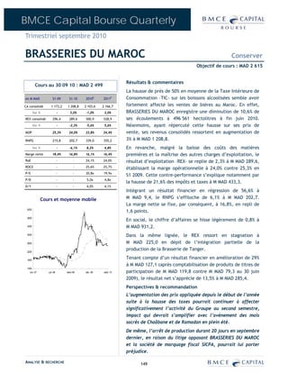 BMCE Capital Bourse Quarterly
Trimestriel septembre 2010

BRASSERIES DU MAROC                                                                                               Conserver
                                                                                                 Objectif de cours : MAD 2 615


                                                                 Résultats & commentaires
         Cours au 30 09 10 : MAD 2 499
                                                                 La hausse de près de 50% en moyenne de la Taxe Intérieure de
en M MAD             S1-09        S1-10    2010E     2011P       Consommation –TIC- sur les boissons alcoolisées semble avoir
CA consolidé       1 173,2       1 208,8   2 103,6   2 166,7     fortement affecté les ventes de bières au Maroc. En effet,
        Var %               -     3,0%     -1,0%      3,0%       BRASSERIES DU MAROC enregistre une diminution de 10,6% de
REX consolidé        296,4        289,6    500,9     528,9       ses écoulements à 496 561 hectolitres à fin juin 2010.
        Var %               -     -2,3%    -5,6%      5,6%       Néanmoins, ayant répercuté cette hausse sur ses prix de
MOP                  25,3%        24,0%    23,8%     24,4%       vente, ses revenus consolidés ressortent en augmentation de
RNPG                 215,8        202,7    339,0     355,2       3% à M MAD 1 208,8.
        Var %               -     -6,1%     8,2%      4,8%       En revanche, malgré la baisse des coûts des matières
Marge nette          18,4%        16,8%    16,1%     16,4%       premières et la maîtrise des autres charges d’exploitation, le
RoE                         -        -     24,1%     24,0%       résultat d’exploitation –REX- se replie de 2,3% à M MAD 289,6,
ROCE                        -        -     25,6%     25,7%
                                                                 établissant la marge opérationnelle à 24,0% contre 25,3% en
P/E                         -        -     20,8x     19,9x
                                                                 S1 2009. Cette contre-performance s’explique notamment par
P/B                         -        -      5,0x      4,8x
                                                                 la hausse de 21,6% des impôts et taxes à M MAD 433,3.
D/Y                         -        -      4,0%      4,1%
                                                                 Intégrant un résultat financier en régression de 56,6% à
              Cours et moyenne mobile                            M MAD 9,4, le RNPG s’effiloche de 6,1% à M MAD 202,7.
                                                                 La marge nette se fixe, par conséquent, à 16,8%, en repli de
 4200
                                                                 1,6 points.
                                                                 En social, le chiffre d’affaires se hisse légèrement de 0,8% à
 3800


 3400                                                            M MAD 931,2.
 3000                                                            Dans la même lignée, le REX ressort en stagnation à
 2600                                                            M MAD 225,0 en dépit de l’intégration partielle de la
 2200
                                                                 production de la Brasserie de Tanger.

 1800
                                                                 Tenant compte d’un résultat financier en amélioration de 29%
                                                                 à M MAD 127,1 (après comptabilisation de produits de titres de
 1400
    oct.-07      juil.-08       mars-09    déc.-09    sept.-10   participation de M MAD 119,8 contre M MAD 79,3 au 30 juin
                                                                 2009), le résultat net s’apprécie de 13,5% à M MAD 285,4.
                                                                 Perspectives & recommandation
                                                                 L’augmentation des prix appliquée depuis le début de l’année
                                                                 suite à la hausse des taxes pourrait continuer à affecter
                                                                 significativement l’activité du Groupe au second semestre,
                                                                 impact qui devrait s’amplifier avec l’avènement des mois
                                                                 sacrés de Chaâbane et de Ramadan en plein été.
                                                                 De même, l’arrêt de production durant 20 jours en septembre
                                                                 dernier, en raison du litige opposant BRASSERIES DU MAROC
                                                                 et la société de marquage fiscal SICPA, pourrait lui porter
                                                                 préjudice.

ANALYSE & RECHERCHE                                                    149
 