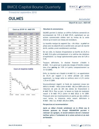 BMCE Capital Bourse Quarterly
Trimestriel septembre 2010

OULMES                                                                                                                                       Accumuler
                                                                                                                               Objectif de cours : MAD 640



           Cours au 30 09 10 : MAD 570                                                      Résultats & commentaires

                                                                                            OULMES parvient à réaliser un chiffre d’affaires semestriel en
en M MAD                  S1-09              S1-10                 2010E          2011P
                                                                                            accroissement de 7,9% à M MAD 572,9, capitalisant sur ses
Chiffre d’affaires        531,1              572,9             1 202,9            1 299,1
                                                                                            actions commerciales ciblées tant au niveau de la vente
         Var %                 -                 7,9%              5,0%            8,0%
                                                                                            directe qu’à travers son réseau de revendeurs.
REX                           26,8               33,6              97,6            99,6
         Var %                 -             25,3%                 7,9%            2,0%     La nouvelle marque du segment Eau « Aïn Atlas » a priori en
MOP                       5,0%                   5,9%              8,1%            7,7%     phase avec les objectifs de la société avec une part de marché
Résultat net                  9,0                12,1              49,2            50,6     de 6%, semble y avoir sensiblement contribué.
         Var %                 -             35,1%                 13,9%           2,8%
Marge nette               1,7%                   2,1%              4,1%            3,9%     De son côté, le résultat d’exploitation se bonifie de 25,3% à
RoE                            -                  -                10,2%          10,0%     M MAD 33,6 grâce principalement à la maîtrise des dotations
ROCE                           -                  -                52,6%           0,0%     d’exploitation. La marge opérationnelle passe ainsi de 5,0% à
P/E                            -                  -                22,9x          22,3x     5,9%.
P/B                            -                  -                2,3x            2,2x
                                                                                            Toujours déficitaire, le résultat financier s’établit à
D/Y                            -                  -                2,6%            2,7%
                                                                                            M MAD - 14,3, grevé par le poids des charges d’intérêts compte
                                                                                            tenu d’un gearing de 110% (+4 points comparativement au
                Cours et moyenne mobile                                                     31/12/2009).
  1350
                                                                                            Enfin, le résultat net s’établit à M MAD 12,1, en appréciation
  1250
                                                                                            de 35,1% par rapport à la même période une année
  1150

  1050
                                                                                            auparavant. La marge nette se renforce ainsi à 2,1% contre
   950
                                                                                            1,7% en S1 2009.
   850
                                                                                            Structurellement négatif, le fonds de roulement creuse son
   750

   650
                                                                                            déficit à M MAD - 148,6 contre M MAD – 80,2 en 2009 suite à la
   550                                                                                      réduction de près de 26% des dettes de financement à
   450                                                                                      M MAD 152,4. Pour sa part, le besoin en fonds de roulement
   350                                                                                      ressort à M MAD 191,5 contre M MAD 203,6 à fin 2009.
   08/10/2007    15/05/2008         25/12/2008        31/07/2009     12/03/2010
                                                                                            Finançant ainsi ses investissements en partie par des crédits à
                                                                                            court terme, la trésorerie nette ressort déficitaire à
                                                                                            M MAD - 340,1 (vs. M MAD –283,8 en 2009).

                                                                                            Perspectives et recommandation

                                                                                            Après un début d’année satisfaisant où la filiale eau &
                                                                                            boissons gazeuses du Groupe HOLMARCOM parvient à
                                                                                            redresser ses agrégats, le second semestre devrait s’annoncer
                                                                                            meilleur grâce à l’avènement de la saison estivale et du mois
                                                                                            de Ramadan.



ANALYSE & RECHERCHE                                                                                161
 