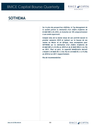 BMCE Capital Bourse Quarterly


 SOTHEMA

                      Sur le plan des perspectives chiffrées, le Top Management de
                      la société prévoit la réalisation d’un chiffre d’affaires de
                      M MAD 800 à fin 2010, en évolution de 10% comparativement
                      à une année auparavant.

                      Compte tenu de la bonne tenue de son activité durant le
                      premier semestre 2010 et tablant sur la hausse de ses
                      ventes au Maroc et en Afrique, nous escomptons pour
                      SOTHEMA sur la réalisation d’un chiffre d’affaires de
                      M MAD 801,2 (+9,3%) en 2010 et de M MAD 850,3 (+6,1%)
                      en 2011. Pour sa part, la capacité bénéficiaire devrait
                      s’établir à M MAD 69,1 (+36,1%) et à M MAD 81,1 (+17,4%)
                      en 2010 et en 2011 respectivement.

                      Pas de recommandation.




ANALYSE & RECHERCHE           181
 
