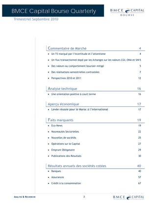 BMCE Capital Bourse Quarterly
Trimestriel Septembre 2010




                      Commentaire de Marché                                                         4
                      • Un T3 marqué par l’incertitude et l’attentisme                              4

                      • Un flux transactionnel dopé par les échanges sur les valeurs CGI, ONA et SNI 5

                      • Des valeurs au comportement boursier mitigé                                 5

                      • Des réalisations semestrielles contrastées                                  7

                      • Perspectives 2010 et 2011                                                  12



                      Analyse technique                                                           16
                      • Une orientation positive à court terme                                     16


                      Aperçu économique                                                           17
                      • Levée réussie pour le Maroc à l’international                              17



                      Faits marquants                                                             19
                      • Eco-News                                                                   19

                      • Nouveautés Sectorielles                                                    22

                      • Nouvelles de sociétés                                                      25

                      • Opérations sur le Capital                                                  27

                      • Emprunt Obligataire                                                        29

                      • Publications des Résultats                                                 30


                      Résultats annuels des sociétés cotées                                       40
                      • Banques                                                                    40

                      • Assurances                                                                 57

                      • Crédit à la consommation                                                   67




ANALYSE & RECHERCHE                                  2
 