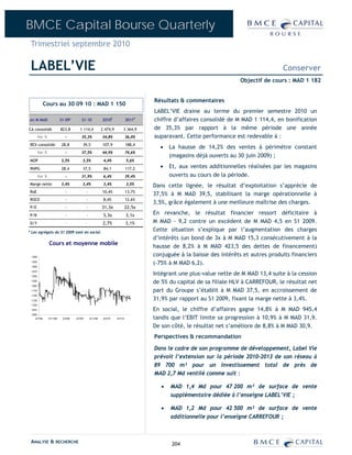 BMCE Capital Bourse Quarterly
 Trimestriel septembre 2010

 LABEL’VIE                                                                                                                              Conserver
                                                                                                                        Objectif de cours : MAD 1 182


                                                                                      Résultats & commentaires
             Cours au 30 09 10 : MAD 1 150
                                                                                      LABEL’VIE draine au terme du premier semestre 2010 un
en M MAD                  S1-09*        S1-10              2010E              2011P   chiffre d’affaires consolidé de M MAD 1 114,4, en bonification
CA consolidé              823,8        1 114,4             2 474,9        3 364,9     de 35,3% par rapport à la même période une année
        Var %                -          35,3%              34,8%              36,0%   auparavant. Cette performance est redevable à :
REX consolidé             28,8           39,5              107,9              188,4
                                                                                        •    La hausse de 14,2% des ventes à périmètre constant
        Var %                -          37,5%              44,9%              74,6%
                                                                                             (magasins déjà ouverts au 30 juin 2009) ;
MOP                       3,5%           3,5%               4,4%              5,6%
RNPG                      28,4           37,5               84,1              117,2     •    Et, aux ventes additionnelles réalisées par les magasins
        Var %                -          31,9%               6,4%              39,4%          ouverts au cours de la période.
Marge nette               3,4%           3,4%               3,4%              3,5%    Dans cette lignée, le résultat d’exploitation s’apprécie de
RoE                          -               -             10,4%              13,7%
                                                                                      37,5% à M MAD 39,5, stabilisant la marge opérationnelle à
ROCE                         -               -              8,4%              12,6%
                                                                                      3,5%, grâce également à une meilleure maîtrise des charges.
P/E                          -               -             31,3x              22,5x
P/B                          -               -              3,3x              3,1x    En revanche, le résultat financier ressort déficitaire à
D/Y                          -               -              2,7%              3,1%    M MAD - 9,2 contre un excédent de M MAD 4,5 en S1 2009.
* Les agrégats du S1 2009 sont en social.
                                                                                      Cette situation s’explique par l’augmentation des charges
                                                                                      d’intérêts (un bond de 3x à M MAD 15,3 consécutivement à la
                Cours et moyenne mobile
                                                                                      hausse de 8,2% à M MAD 423,5 des dettes de financement)
 1350
                                                                                      conjuguée à la baisse des intérêts et autres produits financiers
 1325
 1300
                                                                                      (-75% à M MAD 6,2).
                                                                                      Intégrant une plus-value nette de M MAD 13,4 suite à la cession
 1275
 1250
 1225
                                                                                      de 5% du capital de sa filiale HLV à CARREFOUR, le résultat net
 1200
 1175                                                                                 part du Groupe s’établit à M MAD 37,5, en accroissement de
 1150
 1125                                                                                 31,9% par rapport au S1 2009, fixant la marge nette à 3,4%.
 1100
 1075                                                                                 En social, le chiffre d’affaires gagne 14,8% à M MAD 945,4
 1050
    2/7/08      2/11/08    2/3/09   2/7/09       2/11/09    2/3/10   2/7/10           tandis que l’EBIT limite sa progression à 10,9% à M MAD 31,9.
                                                                                      De son côté, le résultat net s’améliore de 8,8% à M MAD 30,9.
                                                                                      Perspectives & recommandation

                                                                                      Dans le cadre de son programme de développement, Label Vie
                                                                                      prévoit l’extension sur la période 2010-2013 de son réseau à
                                                                                      89 700 m² pour un investissement total de près de
                                                                                      MAD 2,7 Md ventilé comme suit :

                                                                                         •   MAD 1,4 Md pour 47 200 m² de surface de vente
                                                                                             supplémentaire dédiée à l’enseigne LABEL’VIE ;

                                                                                         •   MAD 1,2 Md pour 42 500 m² de surface de vente
                                                                                             additionnelle pour l’enseigne CARREFOUR ;



 ANALYSE & RECHERCHE                                                                          204
 