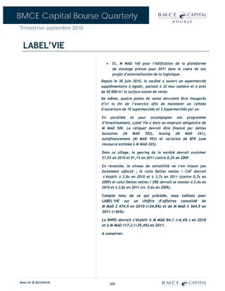 BMCE Capital Bourse Quarterly
Trimestriel septembre 2010


  LABEL’VIE
                               •    Et, M MAD 160 pour l’édification de la plateforme
                                    de stockage prévue pour 2011 dans le cadre de son
                                    projet d’externalisation de la logistique.
                             Depuis le 30 juin 2010, la société a ouvert un supermarché
                             supplémentaire à Agadir, portant à 32 leur nombre et à près
                             de 50 000 m² la surface totale de vente.
                             De même, quatre points de vente devraient être inaugurés
                             d’ici la fin de l’exercice afin de maintenir un rythme
                             d’ouverture de 10 supermarchés et 2 hypermarchés par an.

                             En parallèle et pour accompagner son programme
                             d’investissement, Label Vie a émis un emprunt obligataire de
                             M MAD 500. Le reliquat devrait être financé par dettes
                             bancaires (M MAD 702), leasing (M MAD 241),
                             autofinancement (M MAD 993) et variation de BFR (une
                             ressource estimée à M MAD 265).

                             Dans ce sillage, le gearing de la société devrait avoisiner
                             51,5% en 2010 et 91,1% en 2011 contre 8,3% en 2009.

                             En revanche, le niveau de solvabilité ne s’en trouve pas
                             fortement affecté ; le ratio Dettes nettes / CAF devrait
                              s’établir à 2,8x en 2010 et à 3,7x en 2011 (contre 0,7x en
                             2009) et celui Dettes nettes / EBE devrait se monter à 2,4x en
                             2010 et à 2,8x en 2011 (vs. 0,6x en 2009).

                             Compte tenu de ce qui précède, nous tablons pour
                             LABEL’VIE sur un chiffre d’affaires consolidé de
                             M MAD 2 474,9 en 2010 (+34,8%) et de M MAD 3 364,9 en
                             2011 (+36%).

                             Le RNPG devrait s’établir à M MAD 84,1 (+6,4% ) en 2010
                             et à M MAD 117,2 (+39,4%) en 2011.

                             A conserver.




ANALYSE & RECHERCHE                205
 