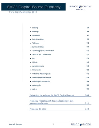 BMCE Capital Bourse Quarterly
Trimestriel Septembre 2010




                      • Leasing                                        79

                      • Holdings                                       84

                      • Immobilier                                     87

                      • Pétrole et Mines                               98

                      • Télécoms                                      112

                      • Loisirs et Hôtels                             117

                      • Technologies de l’Information                 122

                      • Services aux Collectivités                    132

                      • Gaz                                           136

                      • Chimie                                        142

                      • Agroalimentaire                               148

                      • Cimenteries                                   163

                      • Industries Métallurgiques                     172

                      • Industrie Pharmaceutique                      178

                      • Emballage & Impression                        184

                      • Automobile                                    188

                      • Autres                                        199


                      Sélection de valeurs de BMCE Capital Bourse     209

                      Tableau récapitulatif des réalisations et des
                      recommandations                                 211

                      Tableau de bord                                 213




ANALYSE & RECHERCHE                                  3
 