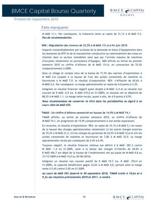 BMCE Capital Bourse Quarterly
Trimestriel Septembre 2010

                      Faits marquants
                      M MAD 11,1. Par conséquent, la trésorerie nette se replie de 31,1% à M MAD 7,5.
                      Pas de recommandation.


                      SRM : Dégradation des revenus de 22,5% à M MAD 131,6 à fin juin 2010
                      Impacté vraisemblablement par la baisse de la demande en biens d’équipements dans
                      les domaines du BTP et de la manutention consécutive au ralentissement des mises en
                      chantier dans le secteur immobilier ainsi que par l’arrivée massive de machines
                      d’occasion notamment en provenance d’Espagne, SRM affiche au terme du premier
                      semestre 2010 un chiffre d’affaires de M MAD 131,6, en contraction de 22,5%
                      comparativement à 2009.
                      Dans ce sillage et compte tenu de la baisse de 71,5% des reprises d’exploitation à
                      M MAD 2,6 couplée à la hausse de 5,6x des achats consommés de matières et
                      fournitures à M MAD 7,9, le résultat d’exploitation –REX- s’effiloche de 65,6% à
                      M MAD 4,2. Par conséquent, la marge opérationnelle se replie de 4,0 points à 3,2%.
                      Intégrant un résultat financier négatif ayant doublé à M MAD -2,4 et un résultat non
                      courant de K MAD -6,9 (vs. K MAD 519,0 en S1-2009), le résultat net se déprécie de
                      88,3% à M MAD 1,1. La marge nette recule, quant à elle, de 4,9 points à 0,9%.
                      Nous recommandons de conserver le titre dans les portefeuilles eu égard à un
                      cours cible de MAD 435.


                      TIMAR : Un chiffre d’affaires semestriel en hausse de 14,9% à M MAD 74,1
                      TIMAR affiche, au terme du premier semestre 2010, un chiffre d’affaires de
                      M MAD 74,1, en progression de 14,9% comparativement à une année auparavant.
                      En revanche, le résultat d’exploitation –REX- se replie de 15,1% à M MAD 5,1 en raison
                      de la hausse des charges opérationnelles notamment (i) les autres charges externes
                      de 35,2% à M MAD 21,2, (ii) les charges du personnel de 24,5% à M MAD 12,6 et (iii) les
                      achats consommés de matières et fournitures de 7,8% à M MAD 32,9. La marge
                      opérationnelle recule par conséquent de 2,4% à 6,9%.
                      Toujours négatif, le résultat financier atténue son déficit à K MAD -281,3 contre
                      M MAD -1,4 en S1-2009, suite à la baisse des charges d’intérêts de 69,0% à
                      K MAD 456,7 (en dépit de la hausse de l’endettement net qui passe de M MAD 4,8 au
                      31/12/2009 à M MAD 15,0 au 30/06/2010).
                      Intégrant un résultat non courant positif de K MAD 19,7 (vs. K MAD -724,4 en
                      S1-2009), la capacité bénéficiaire gagne 23,6% à M MAD 4,0, portant ainsi la marge
                      nette à 5,4% contre 5,0% en S1-2009.
                      Au cours de MAD 392 observé le 30 septembre 2010, TIMAR traite à 10,6x et à
                      9,3x ses résultats prévisionnels 2010 et 2011. A vendre.




ANALYSE & RECHERCHE                                      32
 