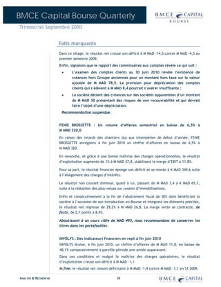 BMCE Capital Bourse Quarterly
Trimestriel Septembre 2010


                      Faits marquants
                      Dans ce sillage, le résultat net creuse son déficit à M MAD –14,5 contre M MAD –4,5 au
                      premier semestre 2009.
                      Enfin, signalons que le rapport des commissaires aux comptes révèle ce qui suit :
                       •     L’examen des comptes clients au 30 juin 2010 révèle l’existence de
                             créances hors Groupe anciennes pour un montant hors taxe sur la valeur
                             ajoutée de M MAD 78,5. La provision pour dépréciation des comptes
                             clients qui s’élèvent à M MAD 8,4 pourrait s’avérer insuffisante ;
                       •     La société détient des créances sur des sociétés apparentées d’un montant
                             de M MAD 30 présentant des risques de non recouvrabilité et qui devrait
                             faire l’objet d’une dépréciation.
                       Recommandation suspendue.


                      FENIE BROSSETTE : Un volume d’affaires semestriel en baisse de 6,5% à
                      M MAD 320,0

                      En raison des retards des chantiers dus aux intempéries de début d’année, FENIE
                      BROSSETTE enregistre à fin juin 2010 un chiffre d’affaires en baisse de 6,5% à
                      M MAD 320.

                      En revanche, et grâce à une bonne maîtrise des charges opérationnelles, le résultat
                      d’exploitation augmente de 1% à M MAD 37,8, stabilisant la marge d’EBIT à 11,8%.

                      Pour sa part, le résultat financier éponge son déficit et se monte à K MAD 349,6 suite
                      à l’allègement des charges d’intérêts.

                      Le résultat non courant diminue, quant à lui, passant de M MAD 7,4 à K MAD 65,7,
                      suite à la réduction des plus-values sur cession d’immobilisations.

                      Enfin et consécutivement à la fin de l’abattement fiscal de 50% dont bénéficiait la
                      société à l’occasion de son introduction en Bourse et intégrant les éléments précités,
                      le résultat net régresse de 29,2% à M MAD 26,8. La marge nette se contracte, de
                      facto, de 2,7 points à 8,4%.

                      Aboutissant à un cours cible de MAD 493, nous recommandons de conserver les
                      titres dans les portefeuilles.


                      INVOLYS : Des indicateurs financiers en repli à fin juin 2010
                      INVOLYS draine, à fin juin 2010, un chiffre d’affaires de M MAD 11,8, en baisse de
                      40,1% comparativement à pareille période une année auparavant.
                      Dans ces conditions et malgré la maîtrise des charges opératoires, le résultat
                      d’exploitation creuse son déficit à M MAD –1,1.
                      In fine, le résultat net ressort déficitaire à M MAD –1,4 contre M MAD –1,1 en S1 2009.

ANALYSE & RECHERCHE                                      36
 