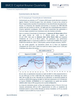 BMCE Capital Bourse Quarterly
Trimestriel Septembre 2010

                        Commentaire de Marché

                        Un T3 marqué par l’incertitude et l’attentisme
                            Contrairement aux attentes, le 3ème trimestre 2010 ressort plutôt décevant à plusieurs
                            égards. D’abord, l’arrivée de papier frais, tant attendu, n’a pas eu lieu, privant la
                            Place d’opportunités nouvelles d’investissement et de diversification des placements.
                            Ensuite, la réinjection des liquidités ponctionnées à l’occasion de l’OPR ONA/SNI
                            semble avoir peu profité au marché ; les cash ayant été vraisemblablement alloués à
                            d’autres opérations stratégiques. Enfin, la récolte semestrielle des publications a
                            livré une maigre consolation aux investisseurs avec des résultats contrastés.
                            Dans ce contexte d’incertitude et d’attentisme, le Moroccan All Shares Index affiche
                            des gains limités de 1,04% à 11 896,36 points par rapport au
                            30 juin 2010. Idem pour le Moroccan Most Active Shares Index qui progresse
                            timidement de 1,11% à 9 706,37 points. Par conséquent, leur performance
                            year-to-date ressort à +13,91% pour le MASI et à +14,67% pour le MADEX. Pour sa part,
                            le BCEI 20 se bonifie de 1,92% à 1 239,24 points, portant ses gains annuels à +20,91%.
                            Sur une année glissante, les baromètres phares de la Place de Casablanca
                            s’élargissent de 10,51% pour l’indice de toutes les valeurs cotées et de 11,33% pour
                            l’indicateur des valeurs du continu.
                                                                  MASI, MADEX et BCEI 20


                                       Depuis le 31/12/2009                                                 Durant le T3 2010

                        Base 100                                                                                        MASI               MADEX                     BCEI 20
                                    MASI      MADEX     BCEI 20               Base 100
                      125                                                    103
                                                                                                                                   D at e : 3 0 / 0 9 / 2 0 10
                                                                                                                                   Perf M A SI T 3 : +1,0 4 %
                      120                                                    102                                                   Perf M A D EX T 3 : +,1,11%
                                                                                                                                   Perf B C EI 2 0 T 3 : +1,9 2 %

                                                                             101
                      115

                                                                             100
                      110
                                                                              99
                                                                                         D at e : 0 1/ 0 7/ 2 0 10
                      105                                                                Perf M A SI T 3 : - 0 ,59 %
                                                                              98         Perf M A D EX T 3 : - 0 ,55%
                                                                                         Perf B C EI 2 0 T 3 : - 0 ,3 6 %
                      100                                                     97

                      95                                                      96
                                                                                30/6     10/7      20/7        30/7         9/8   19/8      29/8        8/9         18/9       28/9


                            De son côté, la capitalisation boursière se replie de MAD 31,3 Md comparativement à
                            fin juin 2010 pour se fixer à MAD 538,2 Md, impactée par le délestage des valeurs
                            ONA, SNI et LGMC de la cote. Retraitée de ces opérations, la valorisation globale du
                            marché au 30/09/2010 progresse de MAD 16,3 Md suite notamment à (i) l’introduction
                            en bourse d’ENNAKL AUTOMOBILES et (ii) l’augmentation du capital des sociétés
                            ADDOHA (MAD 3 Md) et HPS (acquisition de la société ACPQUALIFE).
                            Au niveau de valorisation actuel, la Place de Casablanca traite à 17,6x et à 16,1x ses
                            résultats prévisionnels 2010 et 2011 respectivement et offre un rendement de
                            dividende estimé à 3,5% en 2010. Retraité du secteur immobilier, le P/E du marché
                            s’établit à 16,5x en 2010E et à 15,5x en 2011P.


ANALYSE & RECHERCHE                                                4
 