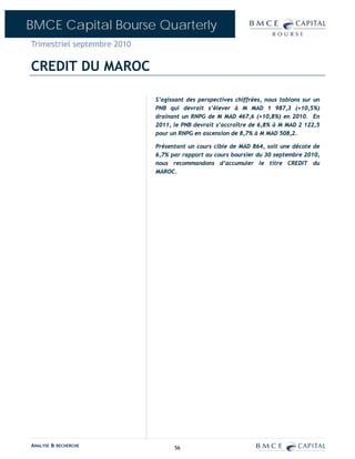 BMCE Capital Bourse Quarterly
Trimestriel septembre 2010

CREDIT DU MAROC

                             S’agissant des perspectives chiffrées, nous tablons sur un
                             PNB qui devrait s’élever à M MAD 1 987,3 (+10,5%)
                             drainant un RNPG de M MAD 467,6 (+10,8%) en 2010. En
                             2011, le PNB devrait s’accroître de 6,8% à M MAD 2 122,5
                             pour un RNPG en ascension de 8,7% à M MAD 508,2.

                             Présentant un cours cible de MAD 864, soit une décote de
                             6,7% par rapport au cours boursier du 30 septembre 2010,
                             nous recommandons d’accumuler le titre CREDIT du
                             MAROC.




ANALYSE & RECHERCHE                56
 