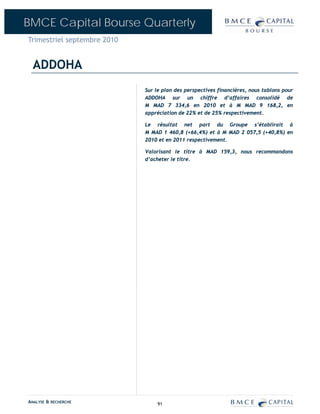 BMCE Capital Bourse Quarterly
Trimestriel septembre 2010


  ADDOHA
                             Sur le plan des perspectives financières, nous tablons pour
                             ADDOHA sur un chiffre d’affaires consolidé de
                             M MAD 7 334,6 en 2010 et à M MAD 9 168,2, en
                             appréciation de 22% et de 25% respectivement.

                             Le résultat net part du Groupe s’établirait à
                             M MAD 1 460,8 (+66,4%) et à M MAD 2 057,5 (+40,8%) en
                             2010 et en 2011 respectivement.

                             Valorisant le titre à MAD 159,3, nous recommandons
                             d’acheter le titre.




ANALYSE & RECHERCHE              91
 