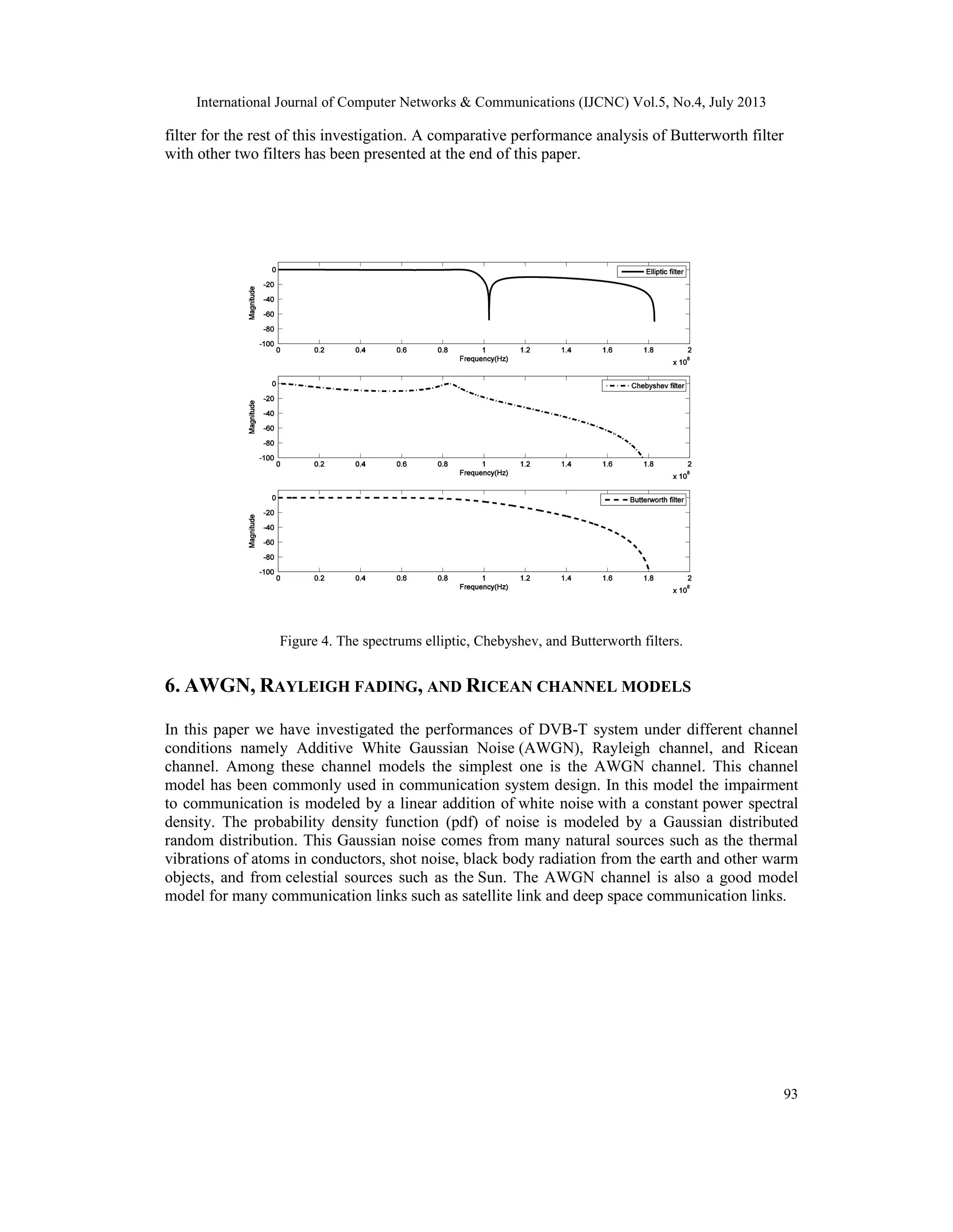 International Journal of Computer Networks & Communications (IJCNC) Vol.5, No.4, July 2013
93
filter for the rest of this investigation. A comparative performance analysis of Butterworth filter
with other two filters has been presented at the end of this paper.
Figure 4. The spectrums elliptic, Chebyshev, and Butterworth filters.
6. AWGN, RAYLEIGH FADING, AND RICEAN CHANNEL MODELS
In this paper we have investigated the performances of DVB-T system under different channel
conditions namely Additive White Gaussian Noise (AWGN), Rayleigh channel, and Ricean
channel. Among these channel models the simplest one is the AWGN channel. This channel
model has been commonly used in communication system design. In this model the impairment
to communication is modeled by a linear addition of white noise with a constant power spectral
density. The probability density function (pdf) of noise is modeled by a Gaussian distributed
random distribution. This Gaussian noise comes from many natural sources such as the thermal
vibrations of atoms in conductors, shot noise, black body radiation from the earth and other warm
objects, and from celestial sources such as the Sun. The AWGN channel is also a good model
model for many communication links such as satellite link and deep space communication links.
 