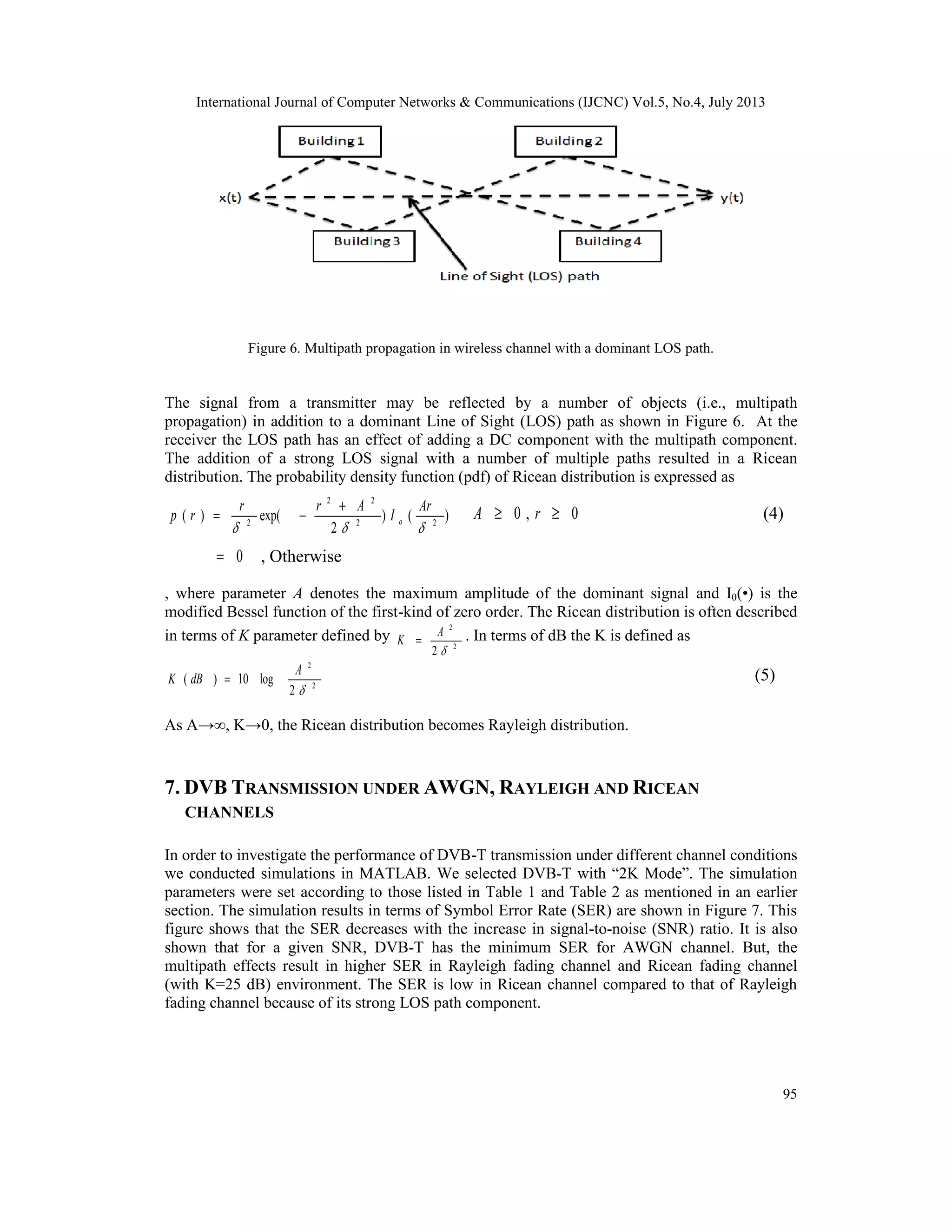 International Journal of Computer Networks & Communications (IJCNC) Vol.5, No.4, July 2013
95
Figure 6. Multipath propagation in wireless channel with a dominant LOS path.
The signal from a transmitter may be reflected by a number of objects (i.e., multipath
propagation) in addition to a dominant Line of Sight (LOS) path as shown in Figure 6. At the
receiver the LOS path has an effect of adding a DC component with the multipath component.
The addition of a strong LOS signal with a number of multiple paths resulted in a Ricean
distribution. The probability density function (pdf) of Ricean distribution is expressed as
)()
2
exp()( 22
22
2

Ar
I
Arr
rp o
+
−= 0,0 ≥≥ rA (4)
0= , Otherwise
, where parameter A denotes the maximum amplitude of the dominant signal and I0(•) is the
modified Bessel function of the first-kind of zero order. The Ricean distribution is often described
in terms of K parameter defined by
2
2
2 
A
K = . In terms of dB the K is defined as
2
2
2
log10)(

A
dBK = (5)
As A→∞, K→0, the Ricean distribution becomes Rayleigh distribution.
7. DVB TRANSMISSION UNDER AWGN, RAYLEIGH AND RICEAN
CHANNELS
In order to investigate the performance of DVB-T transmission under different channel conditions
we conducted simulations in MATLAB. We selected DVB-T with “2K Mode”. The simulation
parameters were set according to those listed in Table 1 and Table 2 as mentioned in an earlier
section. The simulation results in terms of Symbol Error Rate (SER) are shown in Figure 7. This
figure shows that the SER decreases with the increase in signal-to-noise (SNR) ratio. It is also
shown that for a given SNR, DVB-T has the minimum SER for AWGN channel. But, the
multipath effects result in higher SER in Rayleigh fading channel and Ricean fading channel
(with K=25 dB) environment. The SER is low in Ricean channel compared to that of Rayleigh
fading channel because of its strong LOS path component.
 