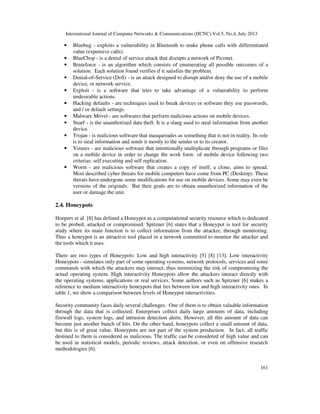 International Journal of Computer Networks & Communications (IJCNC) Vol.5, No.4, July 2013
161
• Bluebug - exploits a vulnerability in Bluetooth to make phone calls with differentiated
value (expensive calls).
• BlueChop - is a denial of service attack that disrupts a network of Piconet.
• Bruteforce - is an algorithm which consists of enumerating all possible outcomes of a
solution. Each solution found verifies if it satisfies the problem.
• Denial-of-Service (DoS) - is an attack designed to disrupt and/or deny the use of a mobile
device, or network service.
• Exploit - is a software that tries to take advantage of a vulnerability to perform
undesirable actions.
• Hacking defaults - are techniques used to break devices or software they use passwords,
and / or default settings.
• Malware Móvel - are softwares that perform malicious actions on mobile devices.
• Snarf - is the unauthorized data theft. It is a slang used to steal information from another
device.
• Trojan - is malicious software that masquerades as something that is not in reality. Its role
is to steal information and sends it mostly to the sender or to its creator.
• Viruses - are malicious software that intentionally multiplicate through programs or files
on a mobile device in order to change the work form of mobile device following two
criterias: self executing and self replication.
• Worm - are malicious software that creates a copy of itself, a clone, aims to spread.
Most described cyber threats for mobile computers have come from PC (Desktop). These
threats have undergone some modifications for use on mobile devices. Some may even be
versions of the originals. But their goals are to obtain unauthorized information of the
user or damage the unit.
2.4. Honeypots
Hoepers et al. [8] has defined a Honeypot as a computational security resource which is dedicated
to be probed, attacked or compromised. Spitzner [6] states that a Honeypot is tool for security
study where its main function is to collect information from the attacker, through monitoring.
Thus a honeypot is an attractive tool placed in a network committed to monitor the attacker and
the tools which it uses.
There are two types of Honeypots: Low and high interactivity [5] [8] [13]. Low interactivity
Honeypots - simulates only part of some operating systems, network protocols, services and some
commands with which the attackers may interact, thus minimizing the risk of compromising the
actual operating system. High interactivity Honeypots allow the attackers interact directly with
the operating systems, applications or real services. Some authors such as Spitzner [6] makes a
reference to medium interactivity honeypots that lies between low and high interactivity ones. In
table 1, we show a comparison between levels of Honeypot interactivities.
Security community faces daily several challenges. One of them is to obtain valuable information
through the data that is collected. Enterprises collect daily large amounts of data, including
firewall logs, system logs, and intrusion detection alerts. However, all this amount of data can
become just another bunch of hits. On the other hand, honeypots collect a small amount of data,
but this is of great value. Honeypots are not part of the system production. In fact, all traffic
destined to them is considered as malicious. The traffic can be considered of high value and can
be used in statistical models, periodic reviews, attack detection, or even on offensive research
methodologies [6].
 
