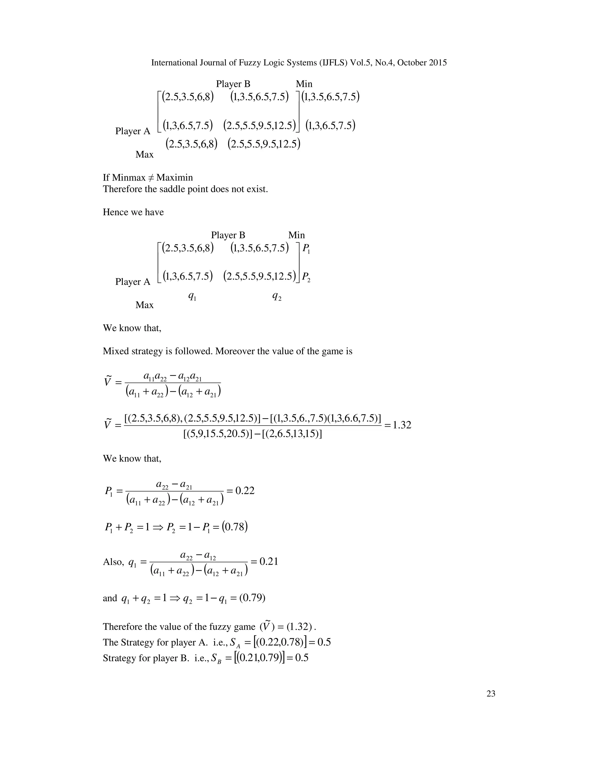 International Journal of Fuzzy Logic Systems (IJFLS) Vol.5, No.4, October 2015
23
Player B Min
Player A
( ) ( )
( ) ( )
( )
( )5.7,5.6,3,1
5.7,5.6,5.3,1
5.12,5.9,5.5,5.25.7,5.6,3,1
5.7,5.6,5.3,18,6,5.3,5.2








Max
( )8,6,5.3,5.2 ( )5.12,5.9,5.5,5.2
If Minmax ≠ Maximin
Therefore the saddle point does not exist.
Hence we have
Player B Min
Player A
( ) ( )
( ) ( ) 2
1
5.12,5.9,5.5,5.25.7,5.6,3,1
5.7,5.6,5.3,18,6,5.3,5.2
P
P








Max
1q 2q
We know that,
Mixed strategy is followed. Moreover the value of the game is
( ) ( )21122211
21122211~
aaaa
aaaa
V
+−+
−
=
32.1
)]15,13,5.6,2[()]5.20,5.15,9,5[(
)]5.7,6.6,3,1)(5.7.,6,5.3,1[()]5.12,5.9,5.5,5.2(),8,6,5.3,5.2[(~
=
−
−
=V
We know that,
( ) ( )
22.0
21122211
2122
1 =
+−+
−
=
aaaa
aa
P
121 =+ PP 12 1 PP −=⇒ ( )78.0=
Also,
( ) ( )
21.0
21122211
1222
1 =
+−+
−
=
aaaa
aa
q
and 121 =+ qq 12 1 qq −=⇒ )79.0(=
Therefore the value of the fuzzy game )32.1()
~
( =V .
The Strategy for player A. i.e., [ ] 5.0)78.0,22.0( ==AS
Strategy for player B. i.e., ( )[ ] 5.079.0,21.0 ==BS
 