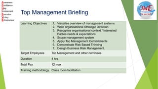 Top Management Briefing
Learning Objectives 1. Visualise overview of management systems
2. Write organisational Strategic Direction
3. Recognise organisational context / Interested
Parties needs & expectations
4. Scope management system
5. Apply Top Management Commitments
6. Demonstrate Risk Based Thinking
7. Design Business Risk Management.
Target Employees Top Management and other nominees
Duration 4 hrs
Total Pax 12 max
Training methodology Class room facilitation
 