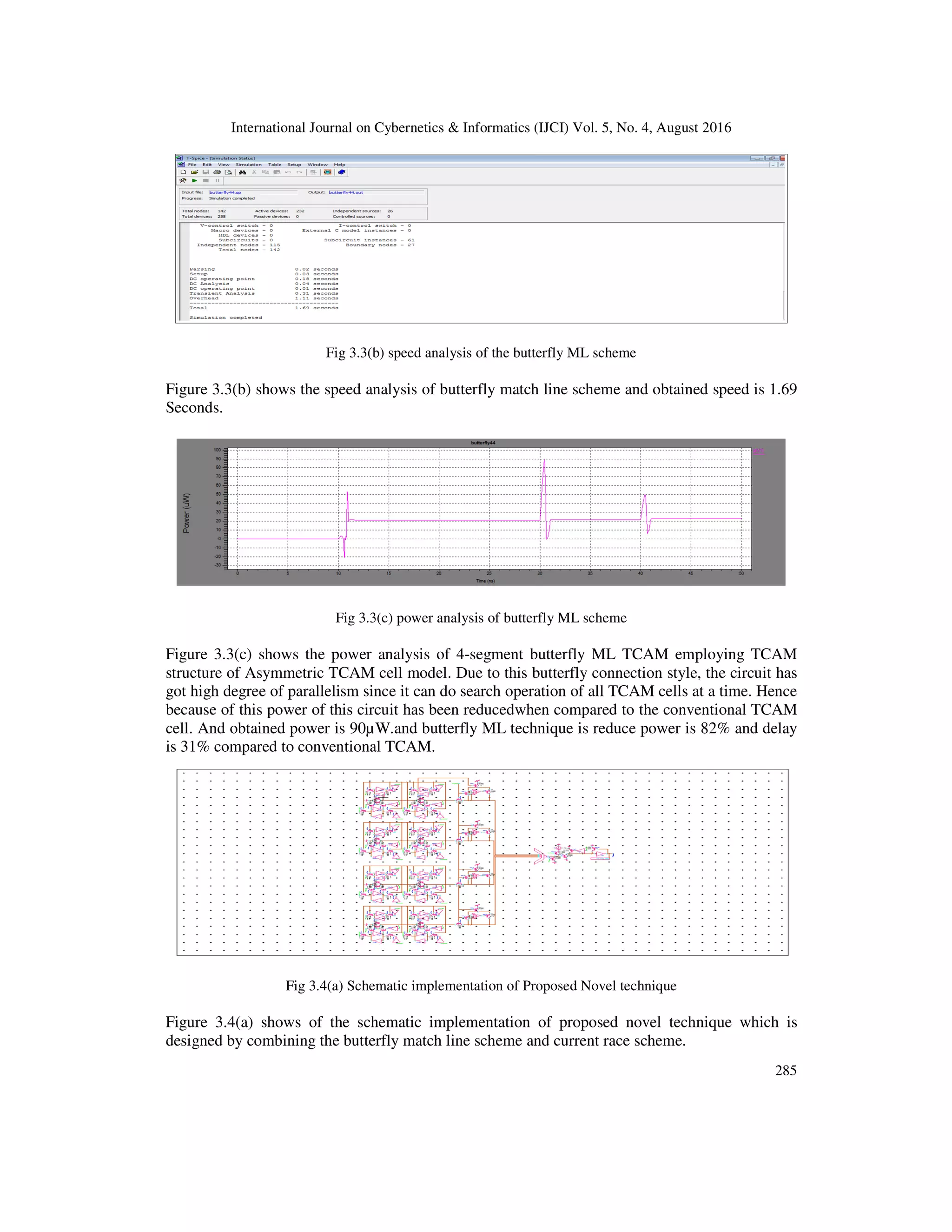 International Journal on Cybernetics & Informatics (IJCI) Vol. 5, No. 4, August 2016 Fig 3.3(b) speed analysis of the butterfly ML scheme Figure 3.3(b) shows the speed analysis of butterfly match line scheme and obtained speed is 1.69 Seconds. Fig 3.3(c) power analysis of butterfly ML scheme Figure 3.3(c) shows the power analysis structure of Asymmetric TCAM cell model. Due to this got high degree of parallelism since it can do search operation of all TCAM cells at a time. Hence because of this power of this circu cell. And obtained power is 90µW. is 31% compared to conventional TCAM. Fig 3.4(a) Schematic implementation of Figure 3.4(a) shows of the schematic implementation of proposed novel technique which is designed by combining the butterfly match line scheme and current race scheme. International Journal on Cybernetics & Informatics (IJCI) Vol. 5, No. 4, August 2016 3.3(b) speed analysis of the butterfly ML scheme Figure 3.3(b) shows the speed analysis of butterfly match line scheme and obtained speed is 1.69 Fig 3.3(c) power analysis of butterfly ML scheme power analysis of 4-segment butterfly ML TCAM employing TCAM structure of Asymmetric TCAM cell model. Due to this butterfly connection style, the since it can do search operation of all TCAM cells at a time. Hence r of this circuit has been reducedwhen compared to the conventional TCAM And obtained power is 90µW.and butterfly ML technique is reduce power is 82% and delay is 31% compared to conventional TCAM. Fig 3.4(a) Schematic implementation of Proposed Novel technique Figure 3.4(a) shows of the schematic implementation of proposed novel technique which is designed by combining the butterfly match line scheme and current race scheme. International Journal on Cybernetics & Informatics (IJCI) Vol. 5, No. 4, August 2016 285 Figure 3.3(b) shows the speed analysis of butterfly match line scheme and obtained speed is 1.69 egment butterfly ML TCAM employing TCAM butterfly connection style, the circuit has since it can do search operation of all TCAM cells at a time. Hence conventional TCAM and butterfly ML technique is reduce power is 82% and delay Figure 3.4(a) shows of the schematic implementation of proposed novel technique which is 