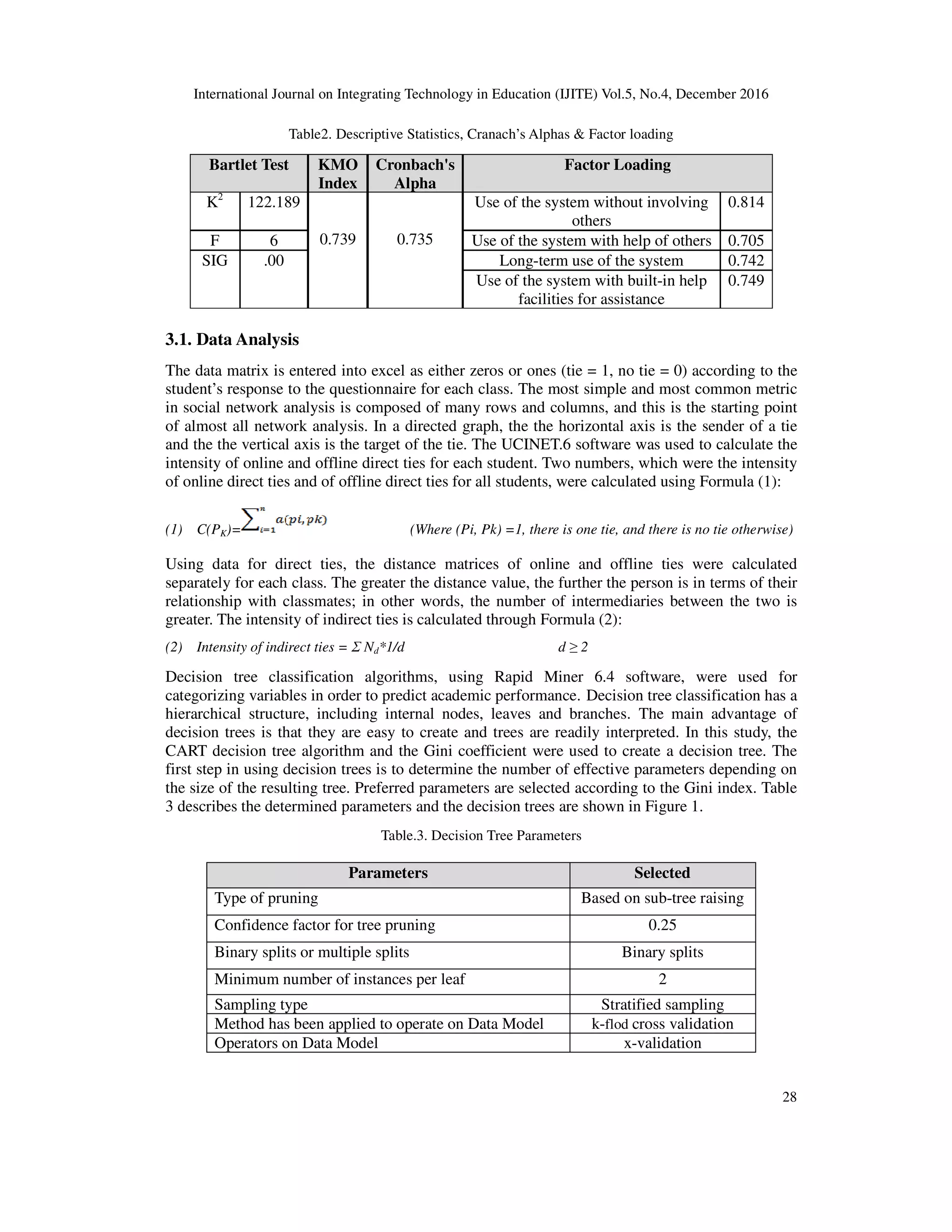 International Journal on Integrating Technology in Education (IJITE) Vol.5, No.4, December 2016
28
Table2. Descriptive Statistics, Cranach’s Alphas & Factor loading
Bartlet Test KMO
Index
Cronbach's
Alpha
Factor Loading
K2
122.189
0.739 0.735
Use of the system without involving
others
0.814
F 6 Use of the system with help of others 0.705
SIG .00 Long-term use of the system 0.742
Use of the system with built-in help
facilities for assistance
0.749
3.1. Data Analysis
The data matrix is entered into excel as either zeros or ones (tie = 1, no tie = 0) according to the
student’s response to the questionnaire for each class. The most simple and most common metric
in social network analysis is composed of many rows and columns, and this is the starting point
of almost all network analysis. In a directed graph, the the horizontal axis is the sender of a tie
and the the vertical axis is the target of the tie. The UCINET.6 software was used to calculate the
intensity of online and offline direct ties for each student. Two numbers, which were the intensity
of online direct ties and of offline direct ties for all students, were calculated using Formula (1):
(1) C(PK)= (Where (Pi, Pk) =1, there is one tie, and there is no tie otherwise)
Using data for direct ties, the distance matrices of online and offline ties were calculated
separately for each class. The greater the distance value, the further the person is in terms of their
relationship with classmates; in other words, the number of intermediaries between the two is
greater. The intensity of indirect ties is calculated through Formula (2):
(2) Intensity of indirect ties = Ʃ Nd*1/d d ≥ 2
Decision tree classification algorithms, using Rapid Miner 6.4 software, were used for
categorizing variables in order to predict academic performance. Decision tree classification has a
hierarchical structure, including internal nodes, leaves and branches. The main advantage of
decision trees is that they are easy to create and trees are readily interpreted. In this study, the
CART decision tree algorithm and the Gini coefficient were used to create a decision tree. The
first step in using decision trees is to determine the number of effective parameters depending on
the size of the resulting tree. Preferred parameters are selected according to the Gini index. Table
3 describes the determined parameters and the decision trees are shown in Figure 1.
Table.3. Decision Tree Parameters
Parameters Selected
Type of pruning Based on sub-tree raising
Confidence factor for tree pruning 0.25
Binary splits or multiple splits Binary splits
Minimum number of instances per leaf 2
Sampling type Stratified sampling
Method has been applied to operate on Data Model k-flod cross validation
Operators on Data Model x-validation
 