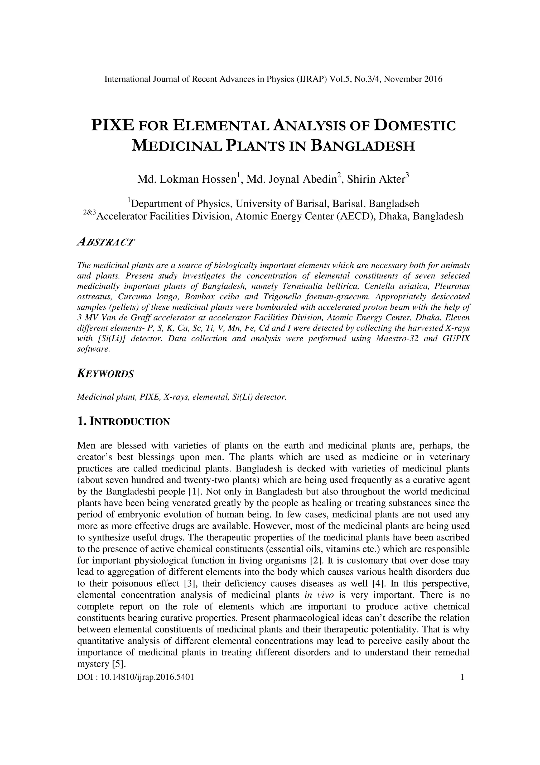Pixe for Elemental Analysis of Domestic Medicinal Plants in Bangladesh ...