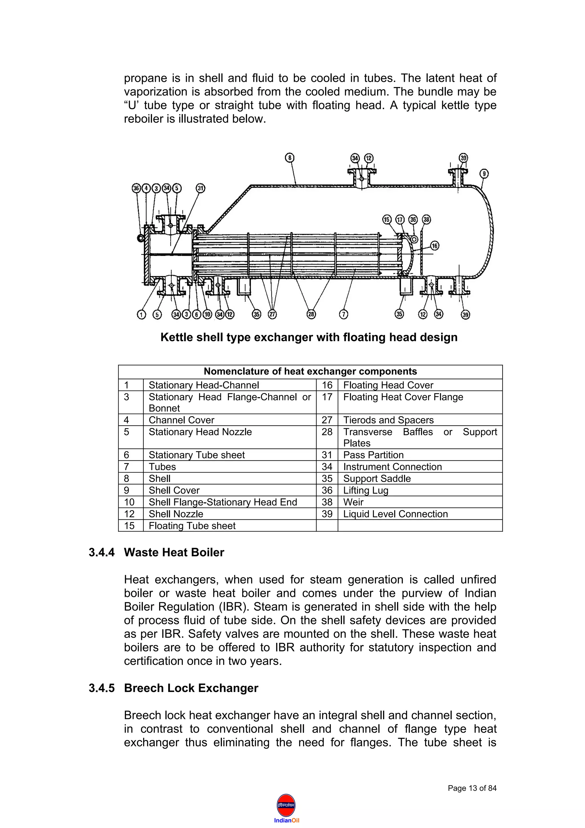 IndianOil
propane is in shell and fluid to be cooled in tubes. The latent heat of
vaporization is absorbed from the cooled medium. The bundle may be
“U’ tube type or straight tube with floating head. A typical kettle type
reboiler is illustrated below.
Nomenclature of heat exchanger components
1 Stationary Head-Channel 16 Floating Head Cover
3 Stationary Head Flange-Channel or
Bonnet
17 Floating Heat Cover Flange
4 Channel Cover 27 Tierods and Spacers
5 Stationary Head Nozzle 28 Transverse Baffles or Support
Plates
6 Stationary Tube sheet 31 Pass Partition
7 Tubes 34 Instrument Connection
8 Shell 35 Support Saddle
9 Shell Cover 36 Lifting Lug
10 Shell Flange-Stationary Head End 38 Weir
12 Shell Nozzle 39 Liquid Level Connection
15 Floating Tube sheet
3.4.4 Waste Heat Boiler
Heat exchangers, when used for steam generation is called unfired
boiler or waste heat boiler and comes under the purview of Indian
Boiler Regulation (IBR). Steam is generated in shell side with the help
of process fluid of tube side. On the shell safety devices are provided
as per IBR. Safety valves are mounted on the shell. These waste heat
boilers are to be offered to IBR authority for statutory inspection and
certification once in two years.
3.4.5 Breech Lock Exchanger
Breech lock heat exchanger have an integral shell and channel section,
in contrast to conventional shell and channel of flange type heat
exchanger thus eliminating the need for flanges. The tube sheet is
Page 13 of 84
Kettle shell type exchanger with floating head design
 