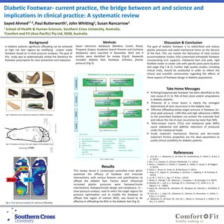 Diabetic Footwear- current practice, the bridge between art and science and
implications in clinical practice: A systematic review
Sayed Ahmed1*,2,Paul Butterworth1, John Whitting1, Susan Nancarrow1
1 School of Health & Human Sciences, Southern Cross University, Australia.
2Comfort and Fit (Asia Pacific) Pty Ltd, NSW, Australia
Background
In diabetic patients significant offloading can be achieved
at high risk foot regions by modifying custom made
footwear based on in-shoe pressure analyses. The goal of
this study was to systematically review the literature for
footwear prescription for ulcer prevention and reduction.
Methods
Seven electronic databases (Medline, Cinahl, Amed,
Proquest, Scopus, Academic Search Premier and Cochrane
databases) were searched in November 2014 and 9
articles were identified for review (Fig-4). Keywords
included: diabetic foot, footwear, orthoses, plantar
pressure (Fig-5).
Discussion & Conclusion
The goal of diabetic footwear is to redistribute and reduce
plantar pressures and avoid mechanical stress on the dorsum
of the foot. This can involve the fabrication of total contact
accommodative insoles, fully customised orthopedic footwear
incorporating arch supports, metatarsal bars and pads, rigid
forefoot rocker or rocker sole with specific pivot point location
and angle (Fig-1 & 2). Further high quality studies, including
clinical trials, should be conducted in order to inform the
clinical and scientific communities regarding the effects of
these aspects of footwear design in diabetic populations.
Fig-2: Prevalence of ulcers for each region of the diabetic foot
References
1. Arts, M. L. J., Waaijman, R., de Haart, M., Keukenkamp, R., Nollet, F., & Bus, S.
A. (2012).
2. Bus, S. A., Haspels, R., & Busch-Westbroek, T. E. (2011).
3. Rizzo, L., Tedeschi, A., Fallani, E., Coppelli, A., Vallini, V., Iacopi, E., & Piaggesi,
A. (2012).
4. Paton, J., Bruce, G., Jones, R., & Stenhouse, E. (2011).
5. Tang, U. H., Zügner, R., Lisovskaja, V., Karlsson, J., Hagberg, K., & Tranberg, R.
(2014)
6. Lo, W. T., Yick, K. L., Ng, S. P., & Yip, J. (2014)
7. Botek, G., Owings, T. M., Woerner, J., Frampton, J., & Cavanagh, P. R. (2007)
8. Mueller, M. J., Lott, D. J., Hastings, M. K., Commean, P. K., Smith, K. E., &
Pilgram, T. K. (2006).
9. Davia, M., Germani, M., Mandolini, M., Mengoni, M., Montiel, E., & Raffaeli, R.
(2011).
10. Arts, M. L. J., Haart, M., Waaijman, R., Dahmen, R., Berendsen, H., Nollet, F.,
& Bus, S. A. (2015).
11. Waaijman, R., de Haart, M., Arts, M. L., Wever, D., Verlouw, A. J., Nollet, F., &
Bus, S. A. (2014).
Take Home Messages
 Ill-fitting/inappropriate footwear has been identified as the
root cause of 21 to 76% of foot ulcers and/or amputations
in diabetic patients.
 Presence of a minor lesion is clearly the strongest
determinant of ulcer recurrence in the diabetic foot.
 Effective offloading below target pressure in footwear (In-
shoe peak pressure, <200 kPa) and high adherence (>80%)
to the prescribed footwear can protect the insensate foot
and reduce the risk of ulcer recurrence by more than 50%.
 Total-contact inserts (TCIs) and metatarsal pads (MPs)
cause substantial and additive reductions of pressures
under the metatarsal heads.
 Insole material’s mechanical, thermal and skin-insole
material’s friction properties are the ideal parameters to
justify clinical suitability for diabetic patients.
Results
This review found 6 randomized controlled trials which
examined the efficacy of footwear and innersole
interventions, with various features and specifications to
offload the diabetic foot. Factors which influenced
increased plantar pressures were footwear/insole
interventions, footwear/insole design and compliance. In –
shoe pressure analysis, used to select the target regions for
pressure optimization and to modify the footwear to
offload that region of interest (ROI), was found to be
effective in offloading the ROIs in the diabetic feet (Fig-3).
Fig-1: Materials and components design for diabetic footwear
Armstrong (1998)
Fig-3: Foot pressure analysis for optimum offloading
 