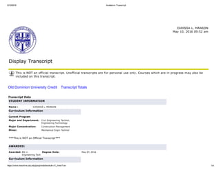 5/10/2016 Academic Transcript
https://www.leoonline.odu.edu/plsql/web/bwskotrn.P_ViewTran 1/8
Display Transcript
  CARISSA L. MANSON
May 10, 2016 09:52 am
This is NOT an official transcript. Unofficial transcripts are for personal use only. Courses which are in progress may also be
included on this transcript.
Old Dominion University Credit    Transcript Totals
Transcript Data
STUDENT INFORMATION
Name : CARISSA L. MANSON
Curriculum Information
Current Program
Major and Department: Civil Engineering Technol,
Engineering Technology
Major Concentration: Construction Management
Minor: Mechanical Engin Technol
 
***This is NOT an Official Transcript***
 
AWARDED:
Awarded: BS in
Engineering Tech
Degree Date: May 07, 2016
Curriculum Information
 