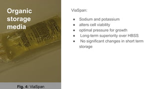 Organic
storage
media
ViaSpan:
● Sodium and potassium
● alters cell viability
● optimal pressure for growth
● Long-term superiority over HBSS
● No significant changes in short term
storage
 