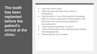 The tooth
has been
replanted
before the
patient's
arrival at the
clinic:
● Leave the tooth in place.
● Clean the area with water spray, saline, or
chlorhexidine.
● Soak the tooth in 1 mg of Doxycycline of physiologic
saline for 5 mins ( doxycycline inhibits bacteria in the
plup lumen thus removing major obstacle to
revascularization
● Suture gingival lacerations, if present.
● Verify normal position of the replanted tooth clinically
and radiographically.
● flexible splint for up to 2 weeks.
 