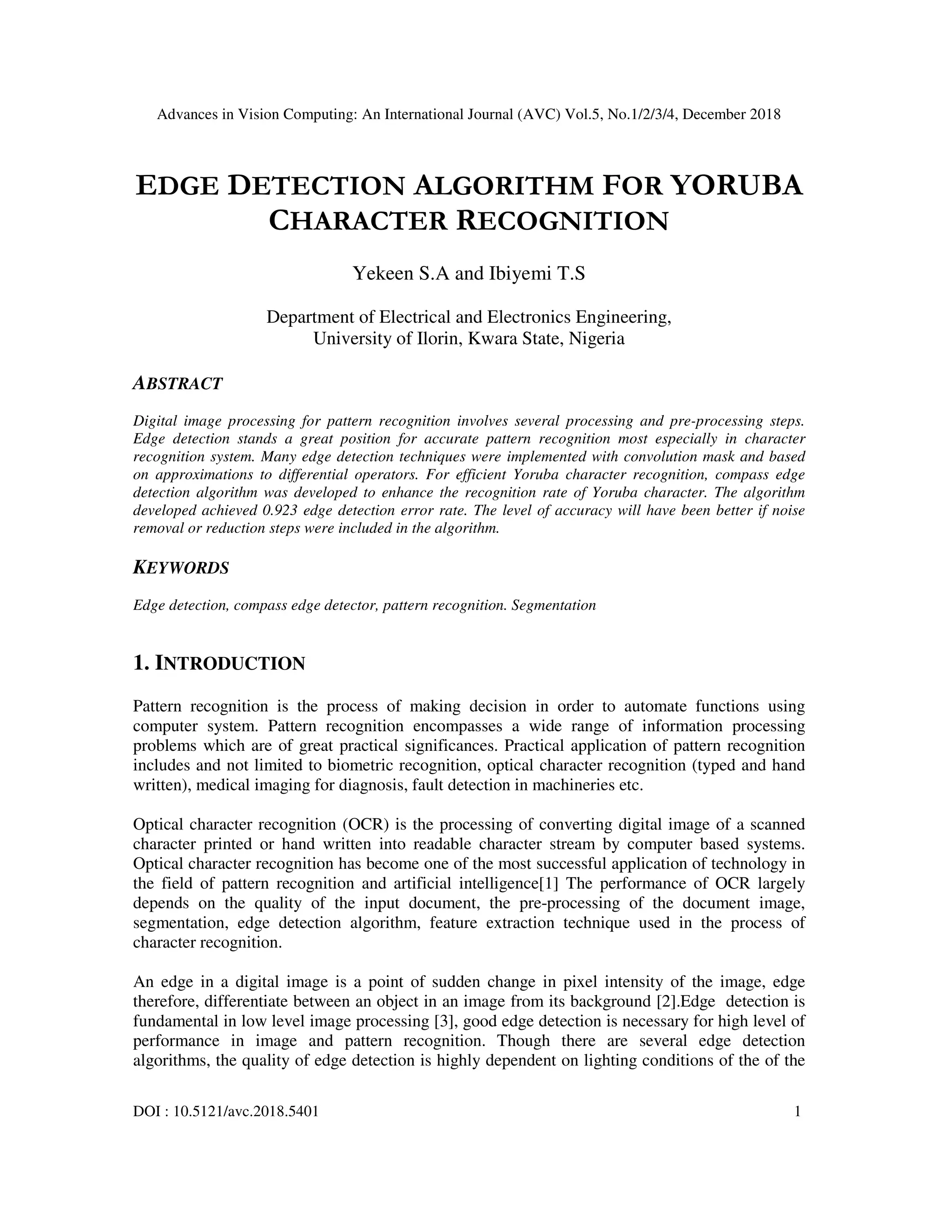 Edge Detection Algorithm for Yoruba Character Recognition | PDF