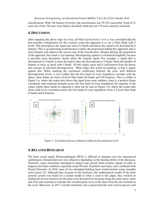 Bioscience & Engineering: An International Journal (BIOEJ), Vol.5, No.1/2/3/4, October 2018
classifications. With 128 features (6 levels), the classification was 79.33% successful. Total of 31
cases out of the 150 cases were falsel
4. DISCUSSION
After repeating the above steps for every all Filter Levels from 1 to 6, it was concluded that the
best possible configuration for this scenario using this approach is to use a
levels. This decomposes the signal into total of 4 bands and allows the signal to be described by 8
features. This is an interesting result because it defies the proposition behind this approach, that is
more features will improve the su
of the approach, this result is eye
it provides more descriptive details about the original signal. For example, a signal that
decomposed to 4 bands is more descriptive than one decomposed to 2 bands. Since the number of
features is twice as much with 4 bands. All this makes sense and is well
and concept of sub-band decomposition. What makes this result e
against that. When studying the
decomposition levels, it was evident that
others, these bands are from a 6
Figure 3-a, where the scatter plot shows
correlation with moderate-strength across the first band of every hypotheses for majority of the
values within these bands.As opposed to what can be seen in
shows little to no correlation across the first band of every hypotheses from a 2
(4 bands and 8 features).
Figure 3. Correlation between
4. RELATED RESEARCH
The heart sound signal, Phonocardiogram (PCG) is difficult to interpret even for experienced
cardiologists. Interpretation are very subjective depending on the hearing ability of the physi
Therefore, many researchers attempted to analyse and classify heart acoustic signals in order to
diagnose the heart condition, especially using Wavelet Transform and many cases combined with
Neural Networks. In 2016, team of two attempted building heart sound monitor using wearable
wrist sensor [3]. Although they focused on the hardware, the mathematical model of the heart
acoustic system was based on a similar model to what is used in this paper.
finding the inverse function for the pulse wave between two locations along the same artery; chest
and wrist and used that to estimate the recorded pulse wave at the chest from the one recorded at
the wrist. Moreover, in 2017, wavelet transform, and a neural net
Bioscience & Engineering: An International Journal (BIOEJ), Vol.5, No.1/2/3/4, October 2018
classifications. With 128 features (6 levels), the classification was 79.33% successful. Total of 31
cases out of the 150 cases were falsely classified, while the rest 119 were correctly classified.
After repeating the above steps for every all Filter Levels from 1 to 6, it was concluded that the
best possible configuration for this scenario using this approach is to use a Filter Bank with 2
levels. This decomposes the signal into total of 4 bands and allows the signal to be described by 8
features. This is an interesting result because it defies the proposition behind this approach, that is
more features will improve the success rate of the classification. Despite defying the proposition
of the approach, this result is eye-opening. Decomposing signals is considered insightful, because
it provides more descriptive details about the original signal. For example, a signal that
decomposed to 4 bands is more descriptive than one decomposed to 2 bands. Since the number of
features is twice as much with 4 bands. All this makes sense and is well-known from the theory
band decomposition. What makes this result eye-opening, is that it argues
When studying the correlation coefficients between the cases with different
decomposition levels, it was evident that the first band of every hypothesis correlate with the
others, these bands are from a 6-level filter bank (64 bands and 128 features). This is visible in
, where the scatter plot shows that apart from some outliners, there is a positive linear
strength across the first band of every hypotheses for majority of the
values within these bands.As opposed to what can be seen in Figure 3-b, where the scatter plot
shows little to no correlation across the first band of every hypotheses from a 2-level filter bank
Figure 3. Correlation between subbands in different decomposition levels.
The heart sound signal, Phonocardiogram (PCG) is difficult to interpret even for experienced
cardiologists. Interpretation are very subjective depending on the hearing ability of the physi
Therefore, many researchers attempted to analyse and classify heart acoustic signals in order to
diagnose the heart condition, especially using Wavelet Transform and many cases combined with
team of two attempted building heart sound monitor using wearable
. Although they focused on the hardware, the mathematical model of the heart
a similar model to what is used in this paper. they worked on
g the inverse function for the pulse wave between two locations along the same artery; chest
and wrist and used that to estimate the recorded pulse wave at the chest from the one recorded at
n 2017, wavelet transform, and a neural network were used to process and
Bioscience & Engineering: An International Journal (BIOEJ), Vol.5, No.1/2/3/4, October 2018
4
classifications. With 128 features (6 levels), the classification was 79.33% successful. Total of 31
y classified, while the rest 119 were correctly classified.
After repeating the above steps for every all Filter Levels from 1 to 6, it was concluded that the
Filter Bank with 2
levels. This decomposes the signal into total of 4 bands and allows the signal to be described by 8
features. This is an interesting result because it defies the proposition behind this approach, that is
ccess rate of the classification. Despite defying the proposition
opening. Decomposing signals is considered insightful, because
it provides more descriptive details about the original signal. For example, a signal that is
decomposed to 4 bands is more descriptive than one decomposed to 2 bands. Since the number of
known from the theory
opening, is that it argues
between the cases with different
the first band of every hypothesis correlate with the
This is visible in
apart from some outliners, there is a positive linear
strength across the first band of every hypotheses for majority of the
, where the scatter plot
level filter bank
The heart sound signal, Phonocardiogram (PCG) is difficult to interpret even for experienced
cardiologists. Interpretation are very subjective depending on the hearing ability of the physician.
Therefore, many researchers attempted to analyse and classify heart acoustic signals in order to
diagnose the heart condition, especially using Wavelet Transform and many cases combined with
team of two attempted building heart sound monitor using wearable
. Although they focused on the hardware, the mathematical model of the heart
they worked on
g the inverse function for the pulse wave between two locations along the same artery; chest
and wrist and used that to estimate the recorded pulse wave at the chest from the one recorded at
work were used to process and
 