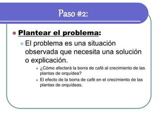 Paso #2:
 Plantear el problema:
 El problema es una situación
observada que necesita una solución
o explicación.
 ¿Cómo afectará la borra de café al crecimiento de las
plantas de orquídea?
 El efecto de la borra de café en el crecimiento de las
plantas de orquídeas.
 