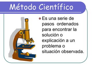 Método Científico
 Es una serie de
pasos ordenados
para encontrar la
solución o
explicación a un
problema o
situación observada.
 