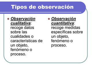 Tipos de observación
 Observación
cualitativa:
recoge datos
sobre las
cualidades o
características de
un objeto,
fenómeno o
proceso.
 Observación
cuantitativa:
recoge medidas
específicas sobre
un objeto,
fenómeno o
proceso.
 