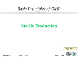 Module 13 Slide 1 of 48 WHO - EDM
Part Three
Basic Principles of GMP
Sterile Production
 